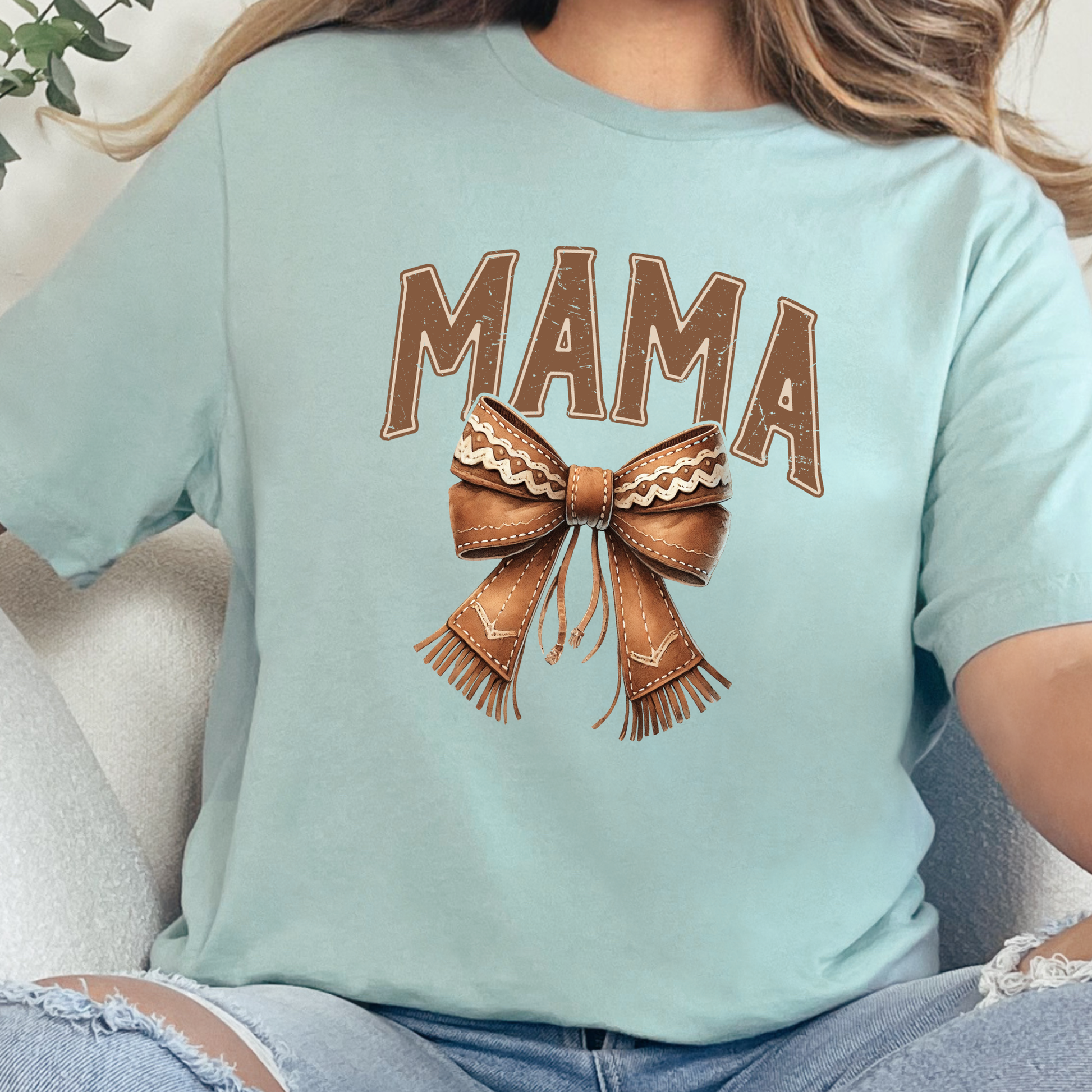 Wholesale Mama Western Bow Graphic Tee - Dusty Blue Tee