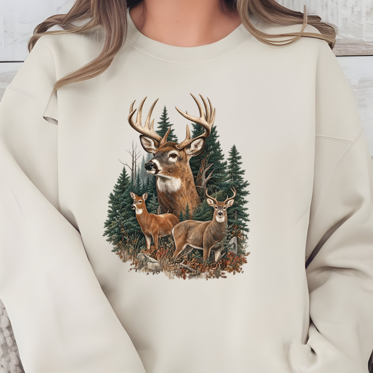 Wholesale Forest Three Deer Graphic Sweatshirt - Sand