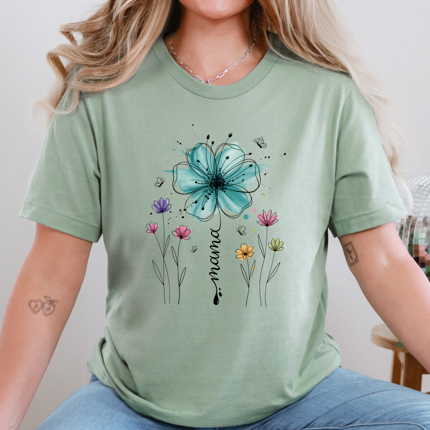 Wholesale Boho Floral Mama Graphic Tee - Sage Tee