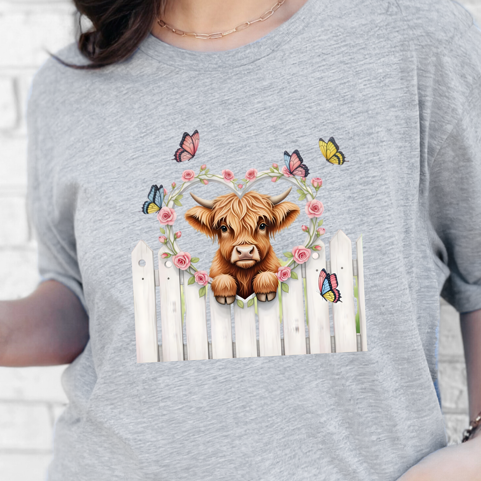 Wholesale Highland Cow Butterflies Graphic Tee - Grey Tee