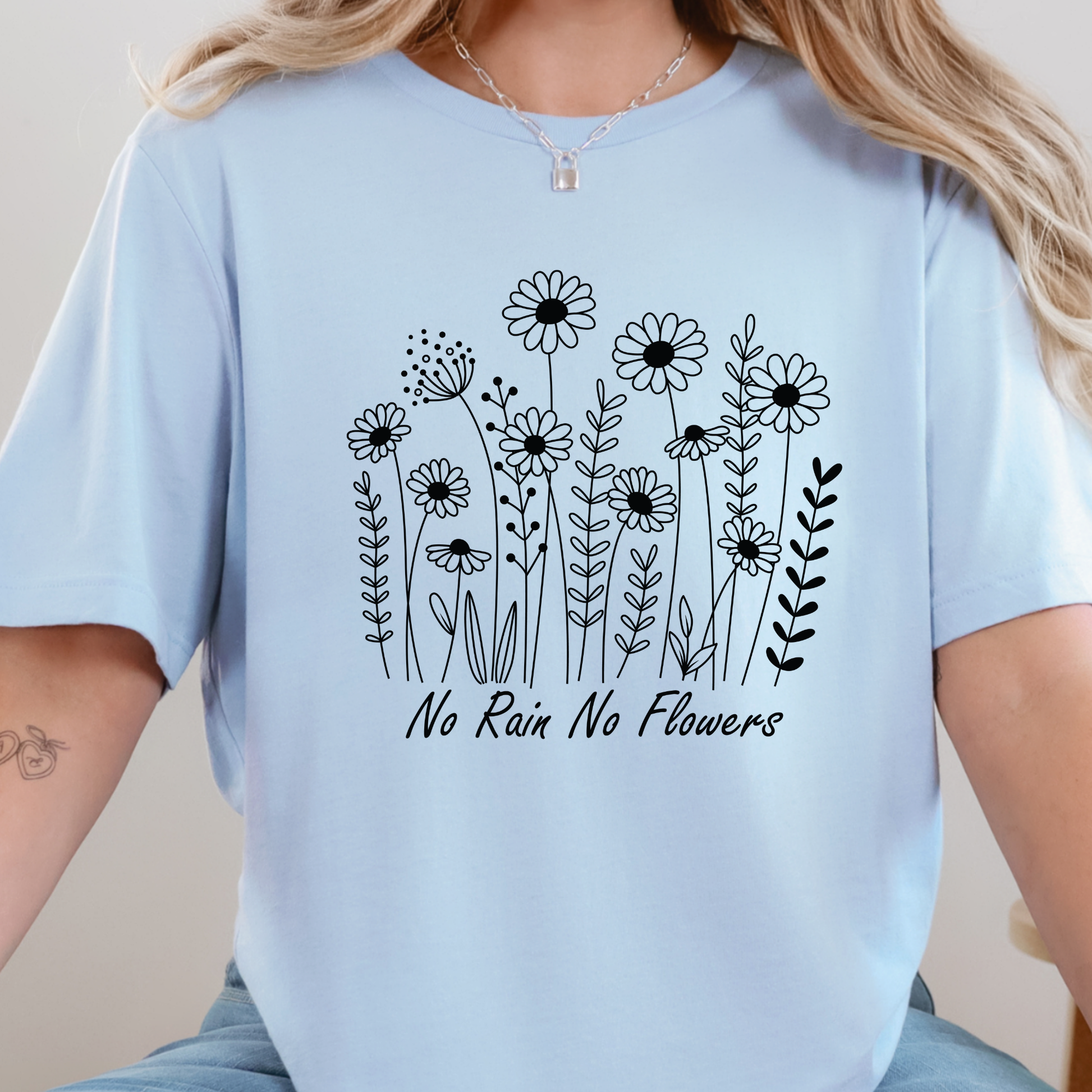 Wholesale No Rain No Flowers Graphic Tee - Baby Blue Tee