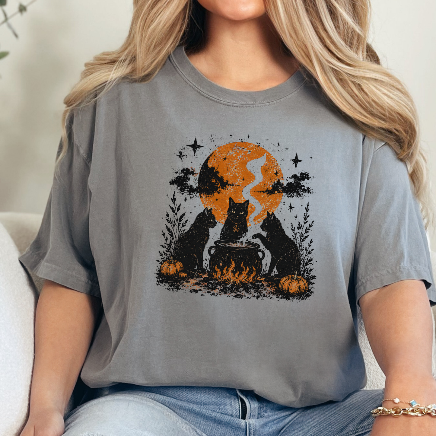 Wholesale Witch Cat Coven Halloween Graphic Tee - Grey