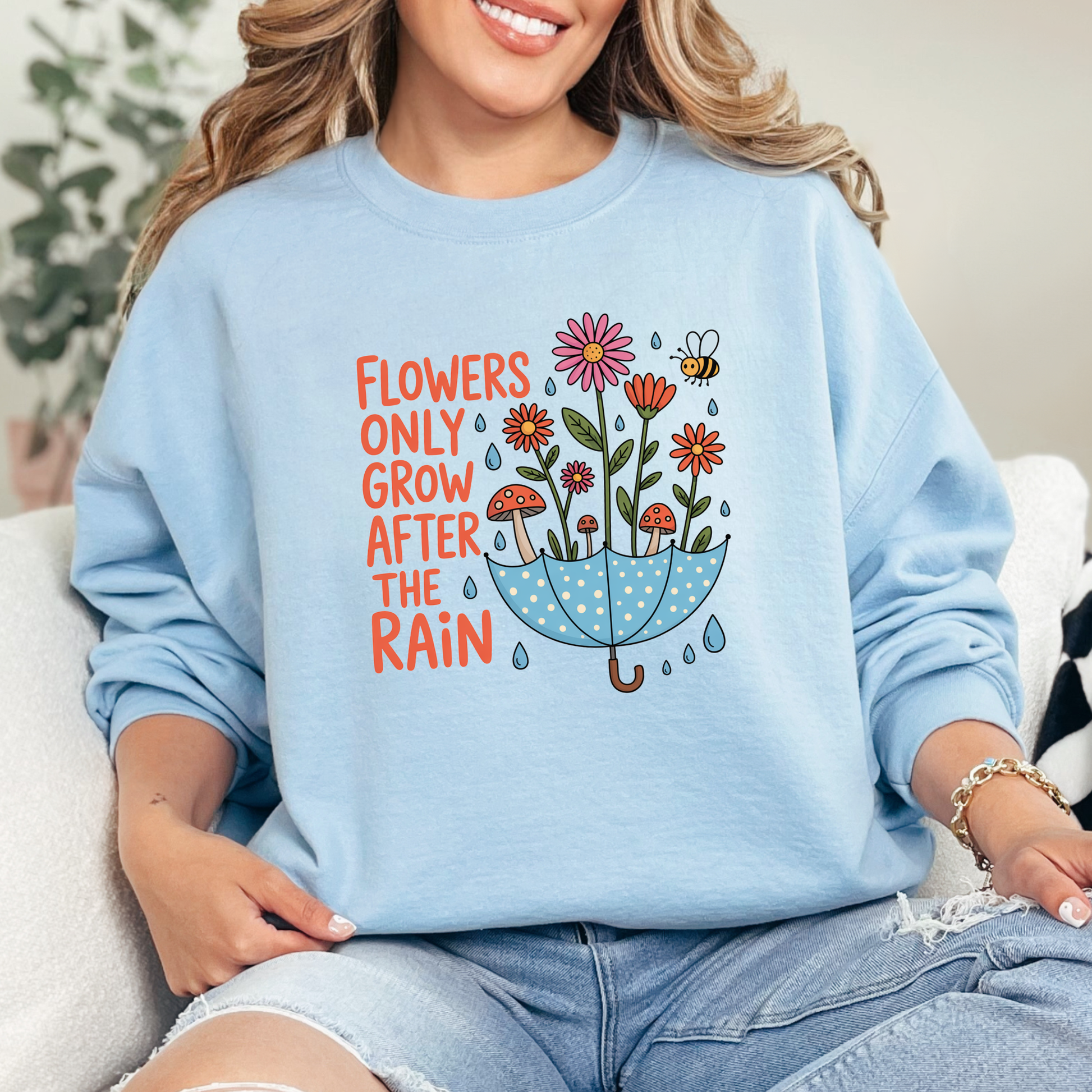 Wholesale Flowers Grow After Rain Sweatshirt - Light Blue Sweatshirt