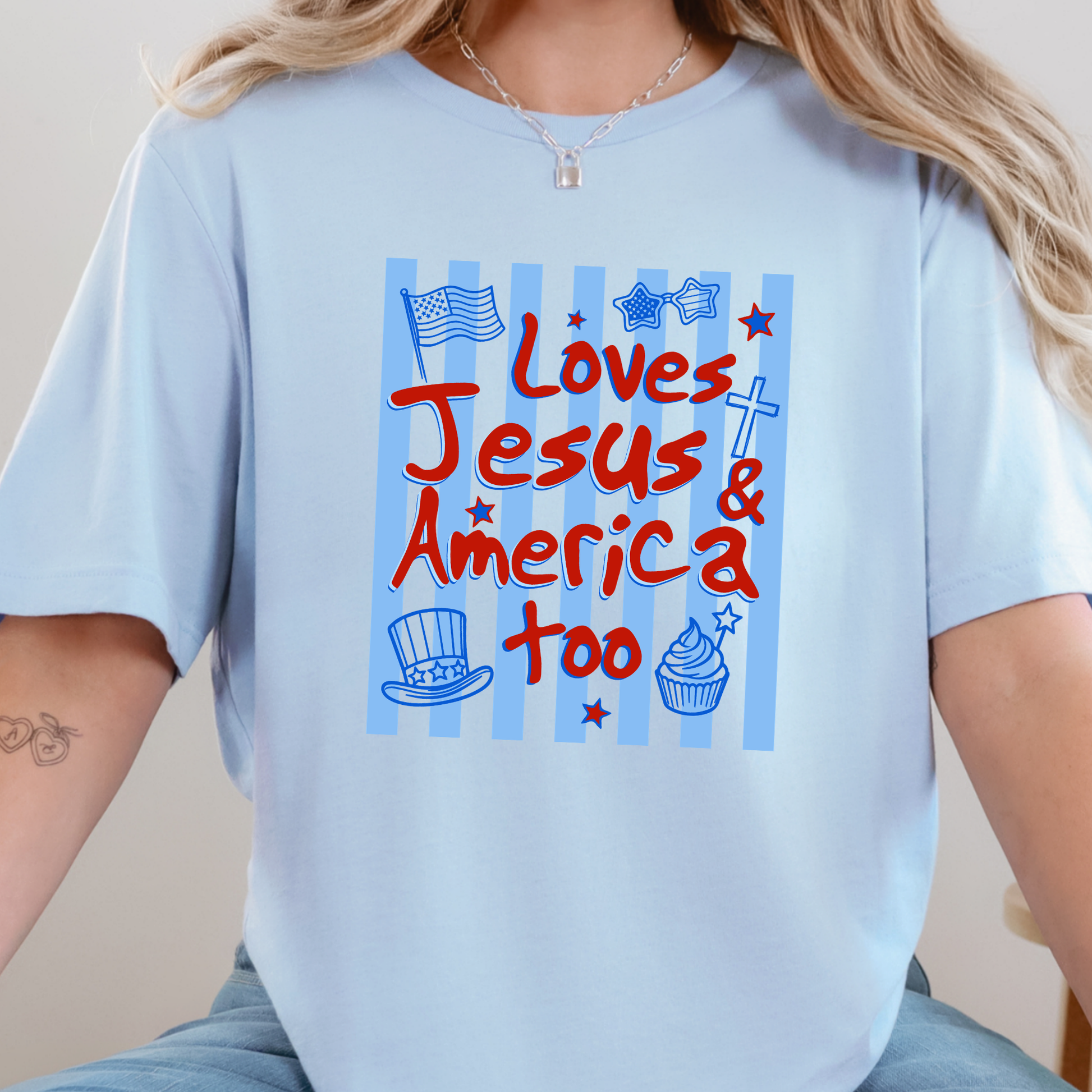Wholesale Loves Jesus & America Graphic Tee - Baby Blue Tee