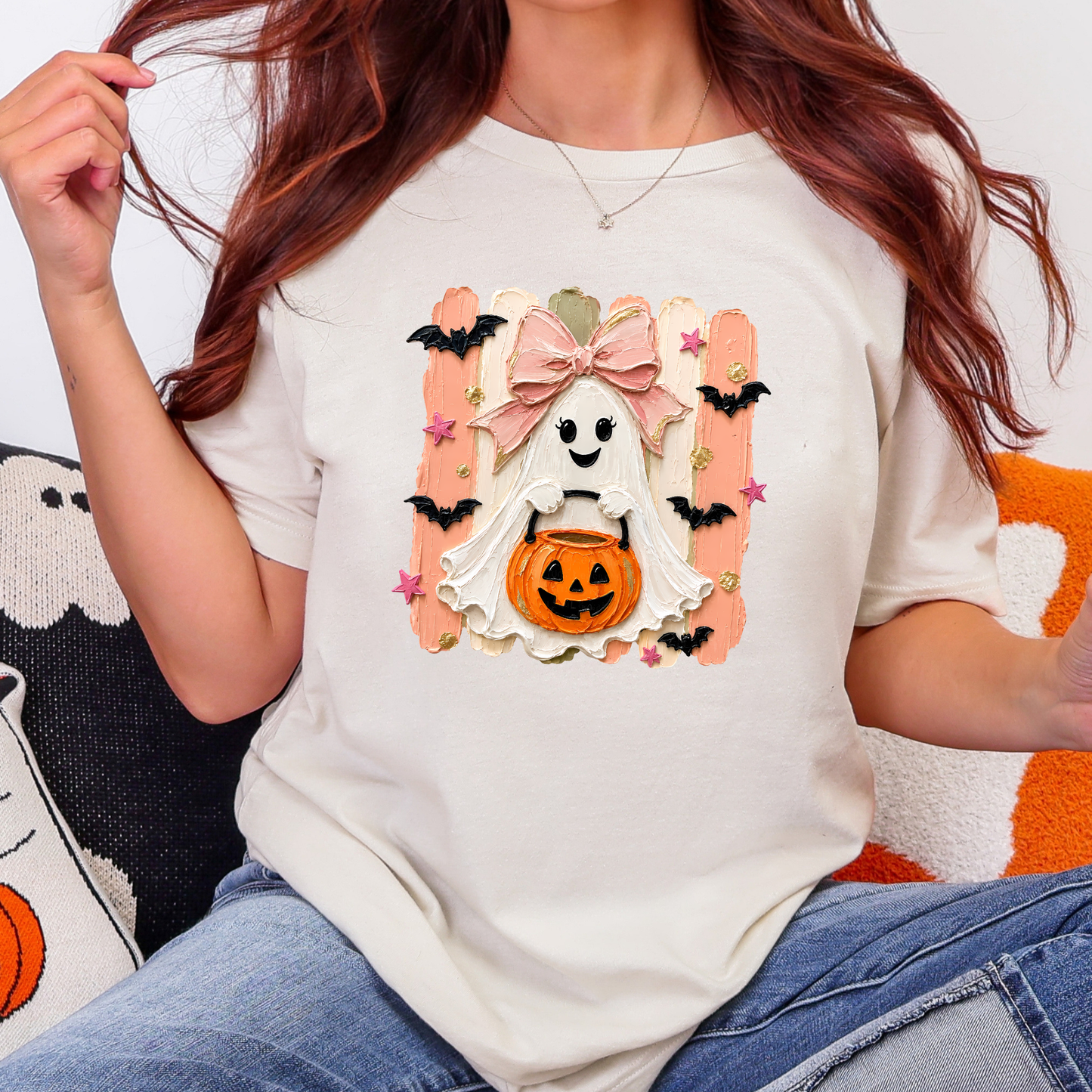 Wholesale Brushstroke Halloween Ghost Graphic Tee - Natural