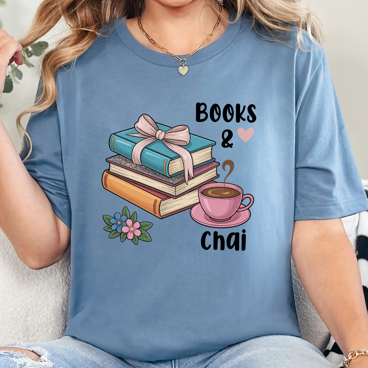 Wholesale Books & Chai Graphic Tee - Steel Blue Tee