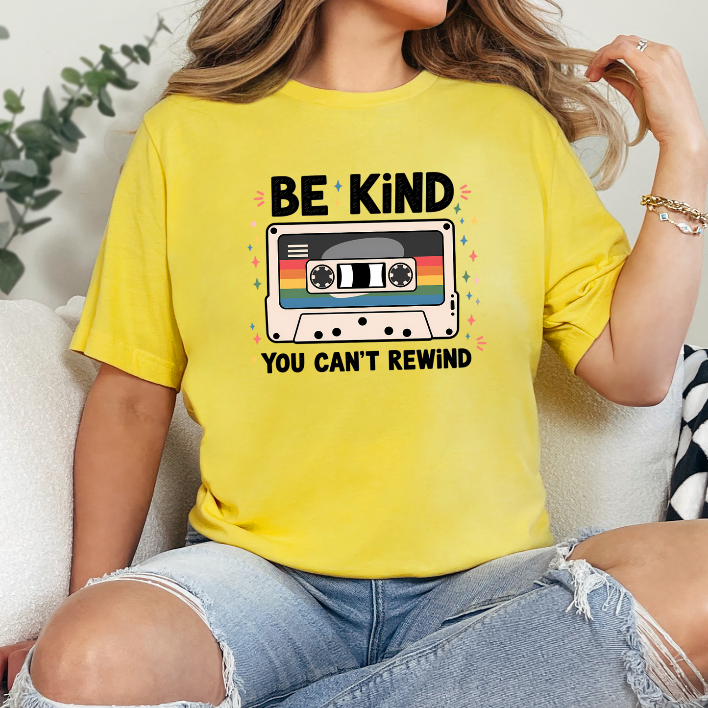 Wholesale Be Kind You Can't Rewind Graphic Tee - Heather Yellow Tee
