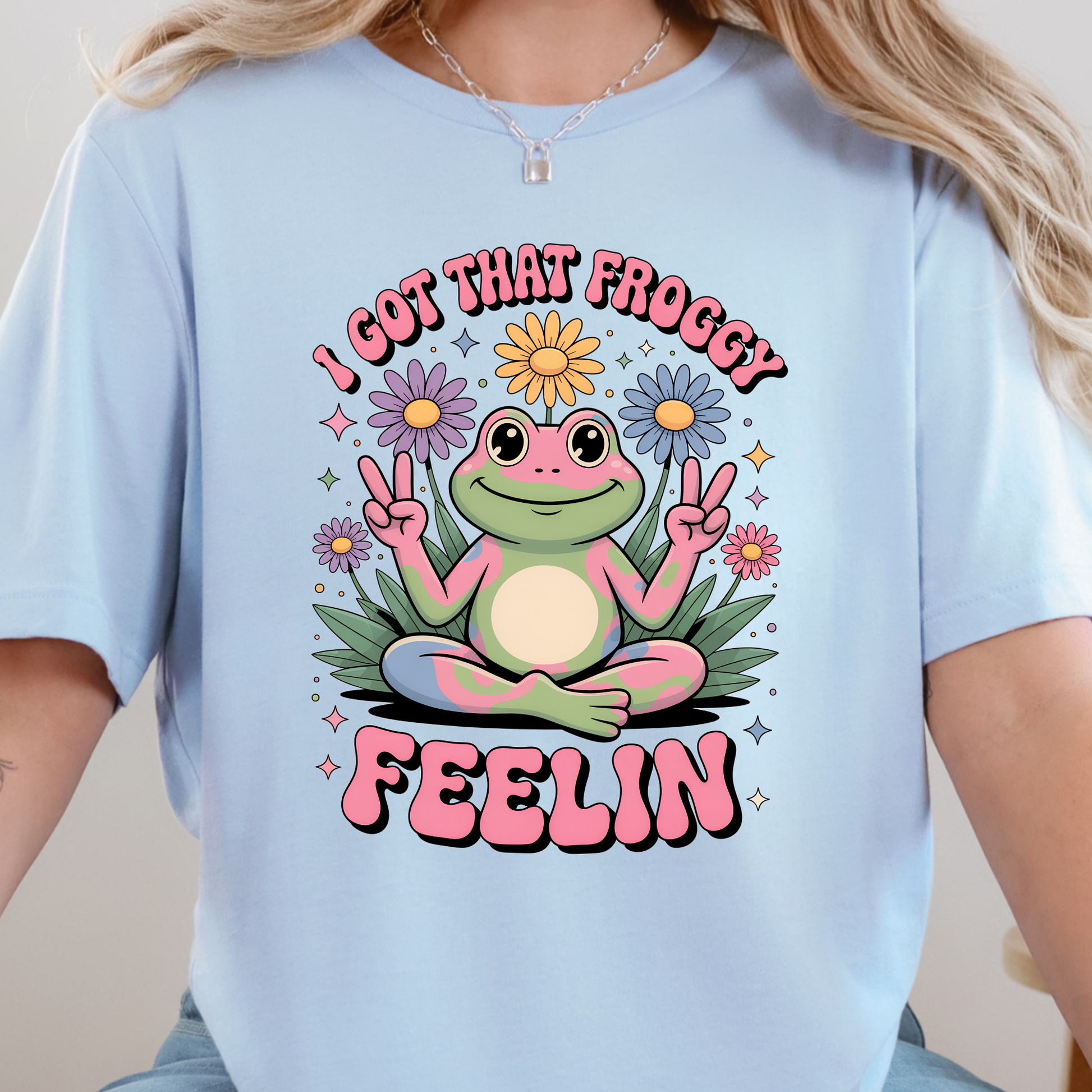 Wholesale Froggy Feelin Graphic Tee - Baby Blue Tee