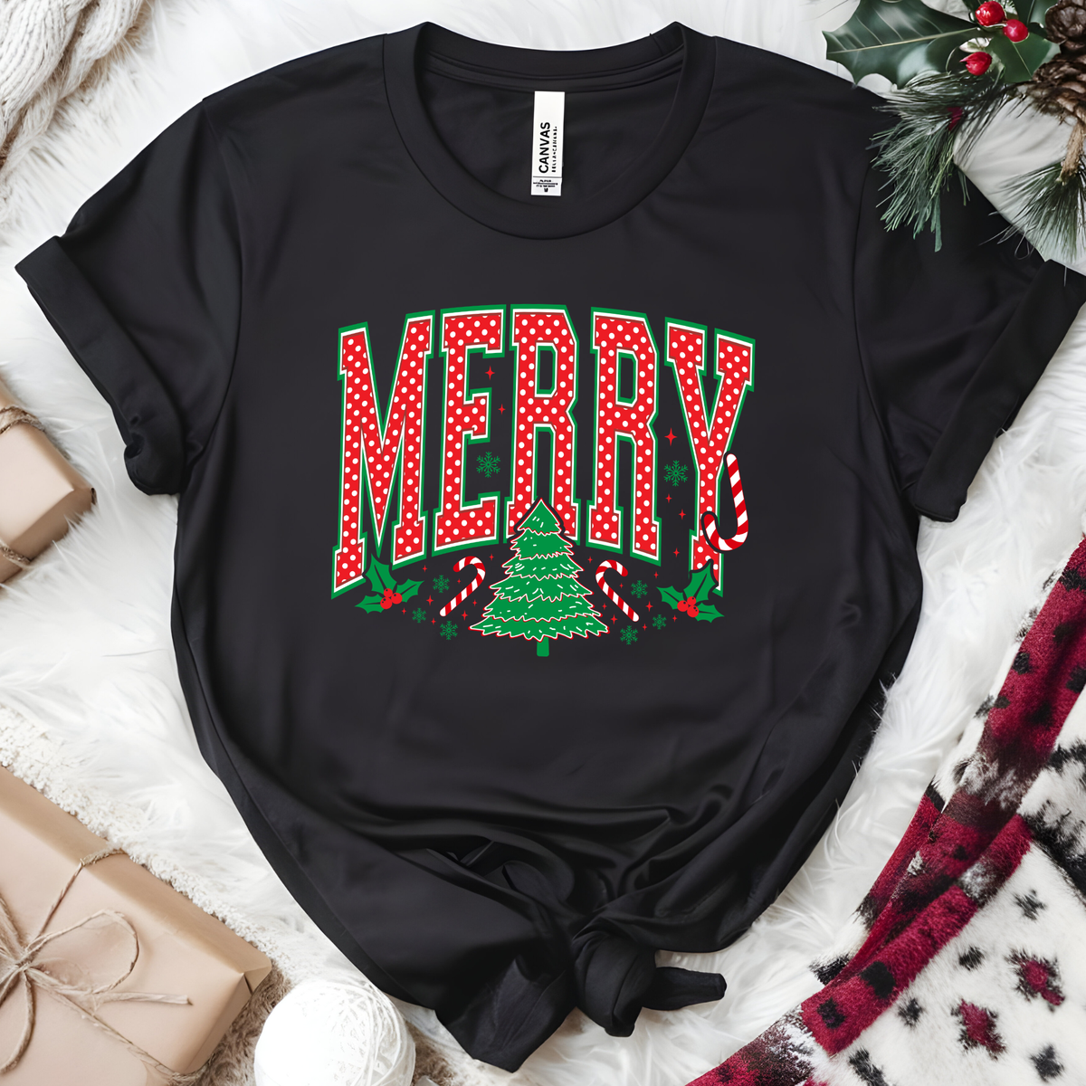 Wholesale Merry Polka Dot Graphic Tee - Heather Black