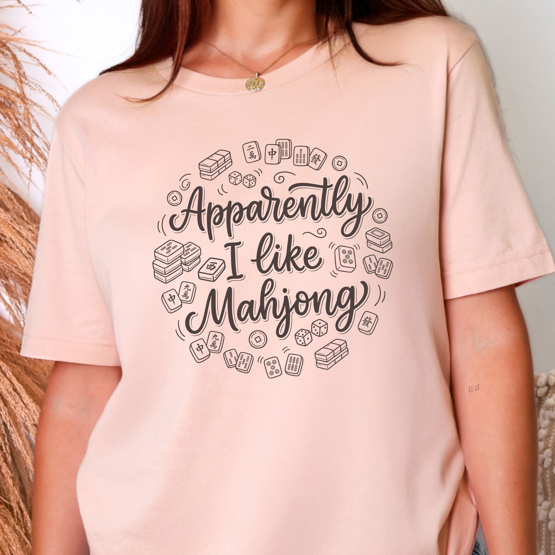 Wholesale Apparently I Like Mahjong Graphic Tee - Peach Tee