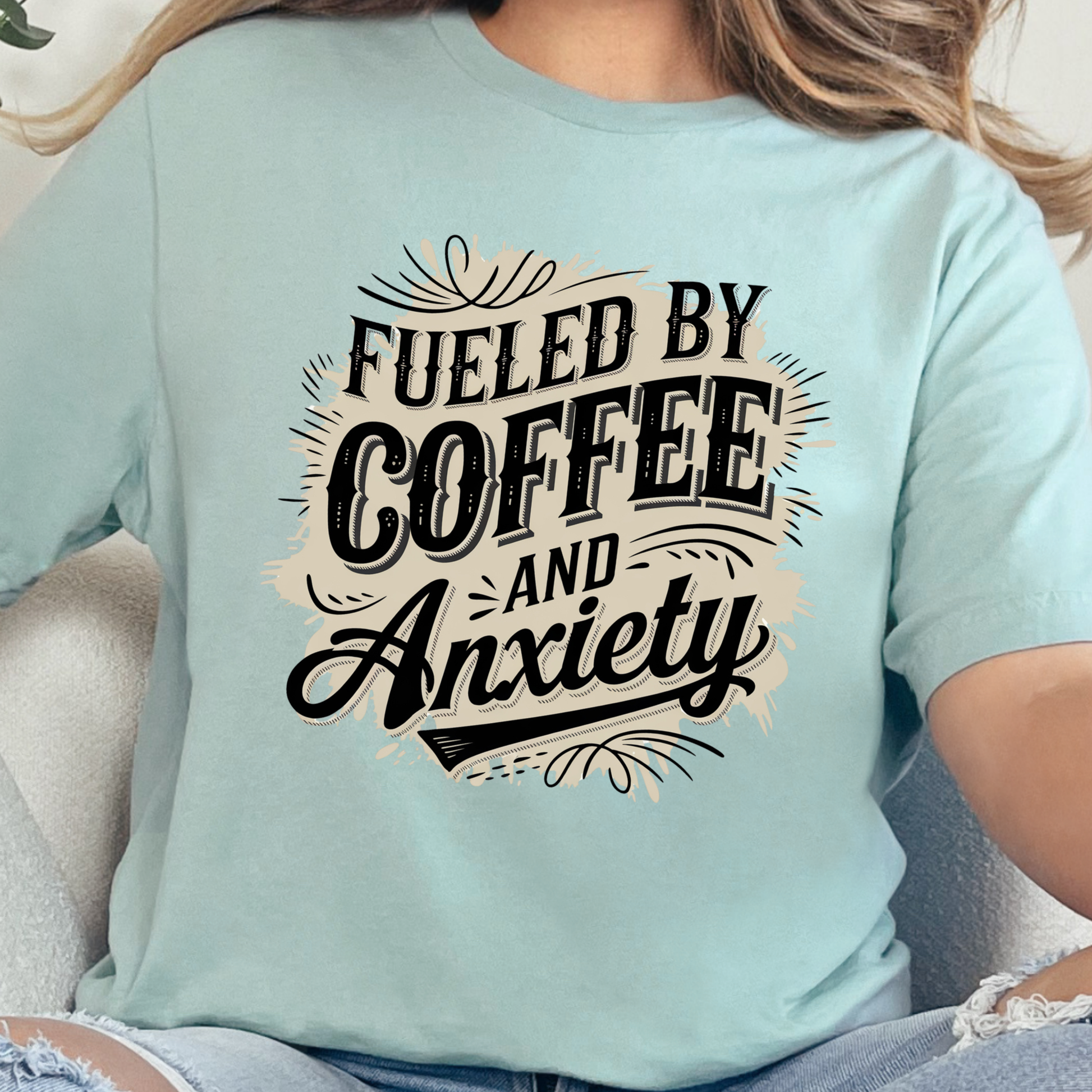 Wholesale Fueled By Coffee & Anxiety Graphic Tee - Dusty Blue Tee