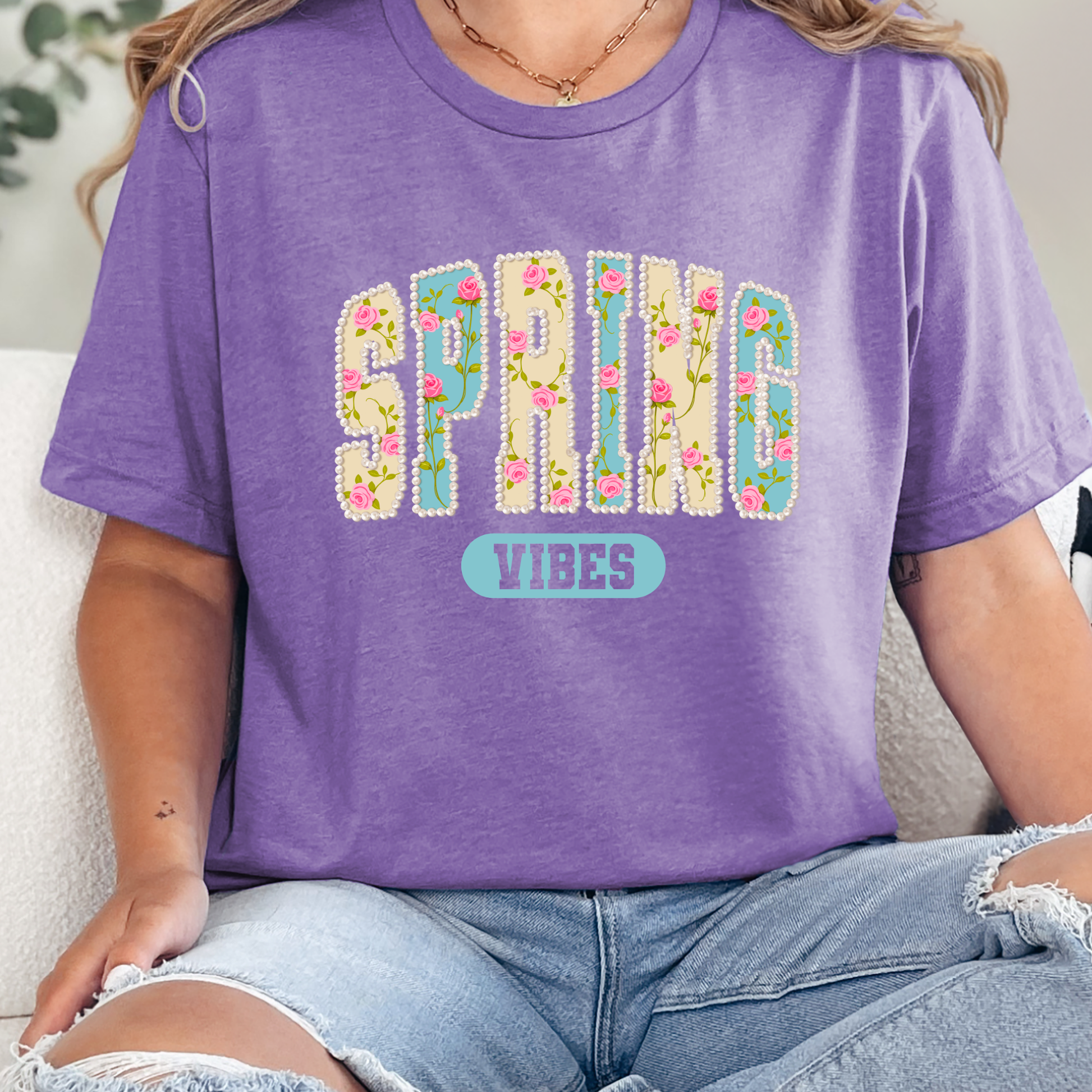 Wholesale Faux Pearl Spring Vibes Graphic Tee - Heather Team Purple Tee