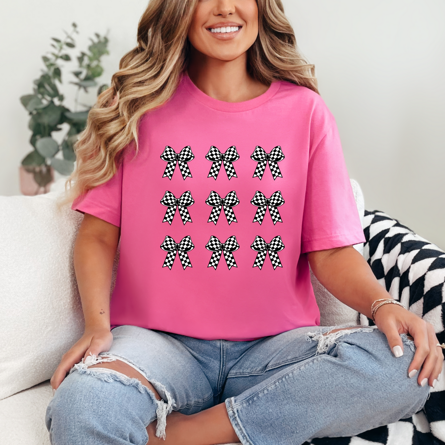 Wholesale Checker Bows Graphic Tee - Charity Pink Tee