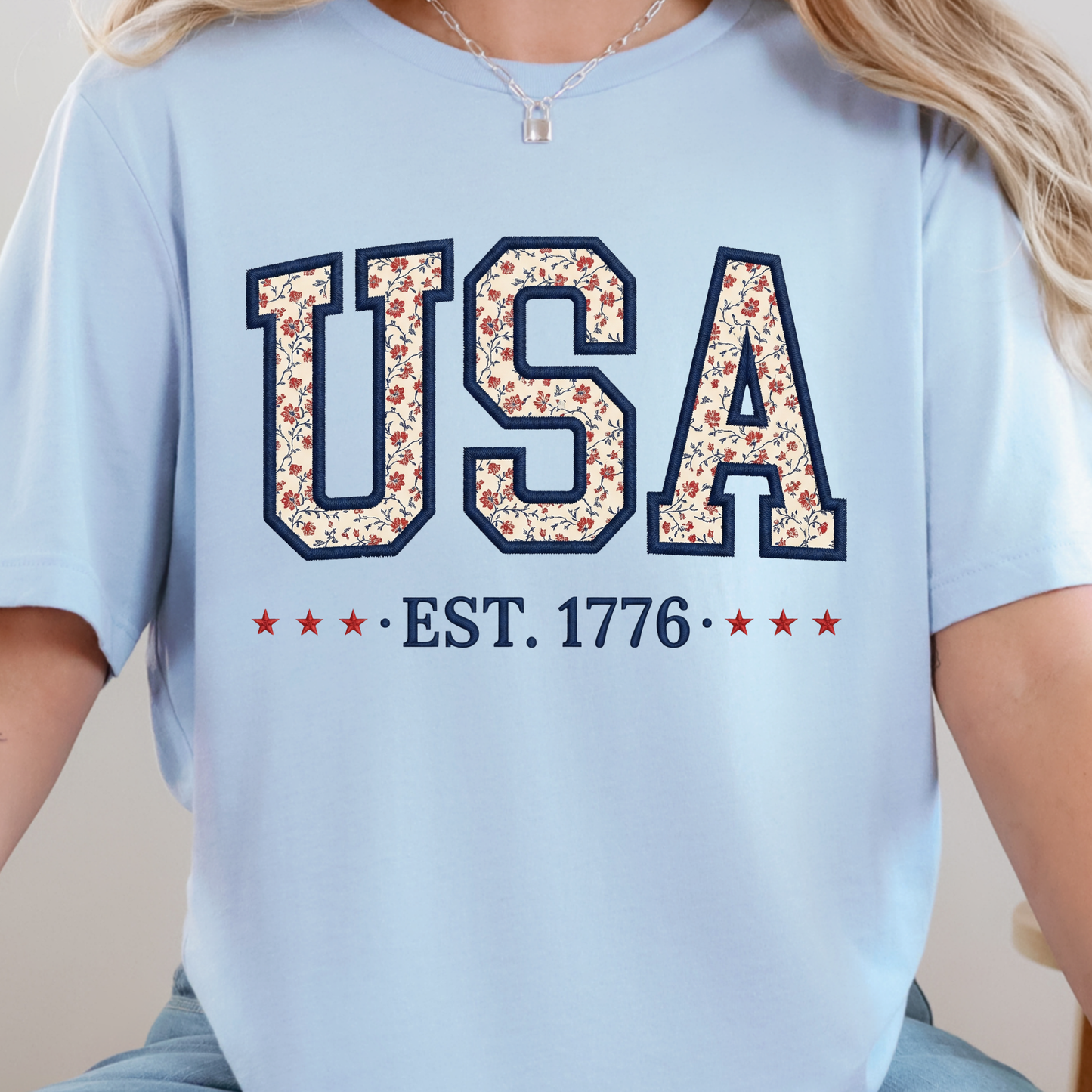 Wholesale Floral USA Graphic Tee - Baby Blue Tee
