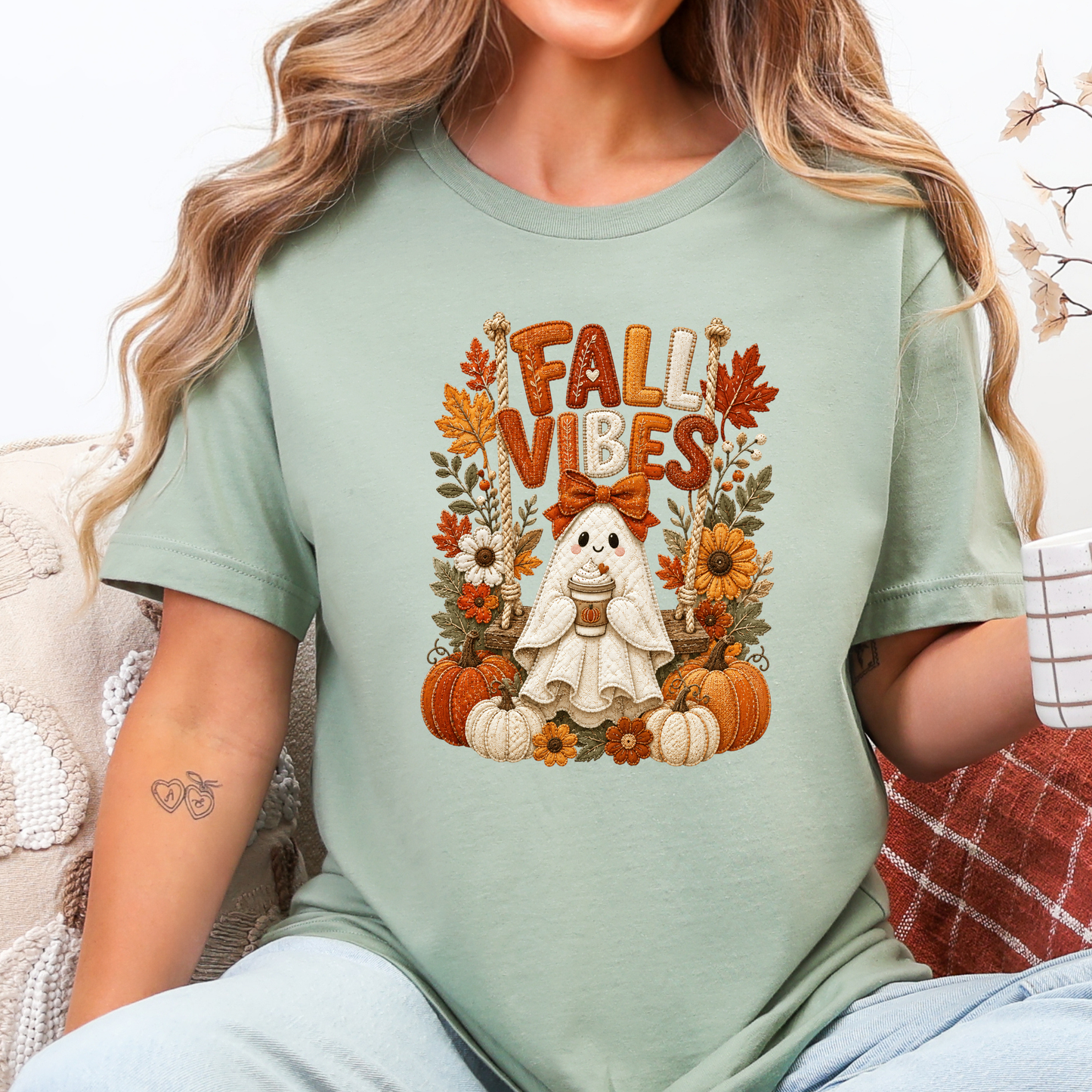 Wholesale Floral Ghost Autumn Patchwork Graphic Tee - Sage