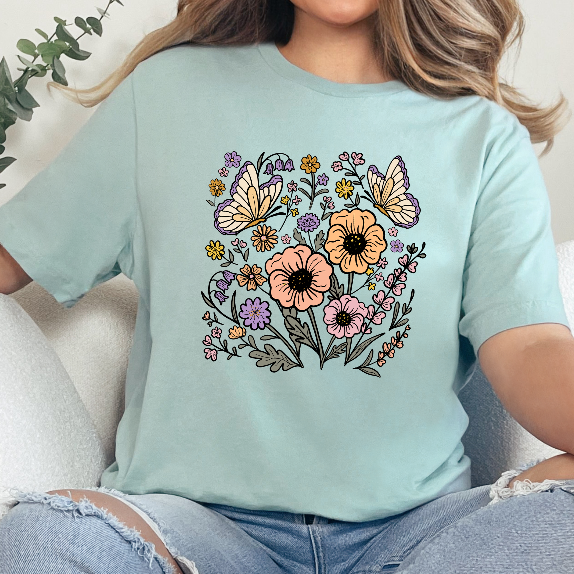 Wholesale Wildflower Butterfly Graphic Tee - Dusty Blue Tee