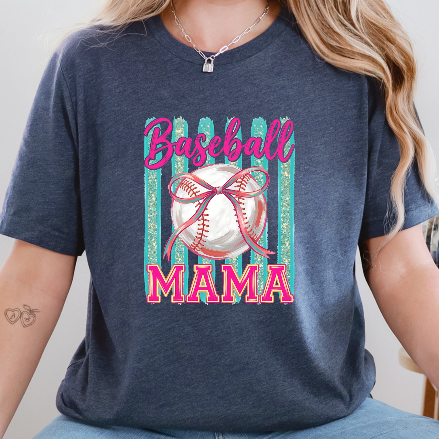 Wholesale Baseball Mama Stripes Graphic Tee - Heather Navy Tee