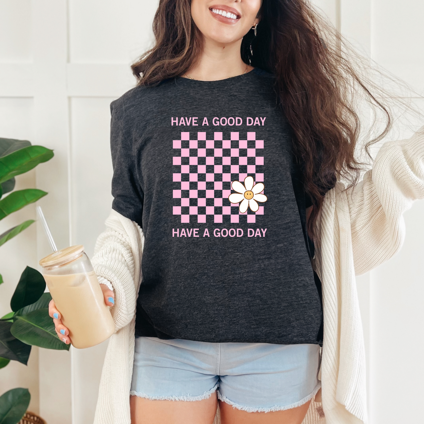 Wholesale Have A Good Day Pink Graphic Tee - Heather Charcoal Tee