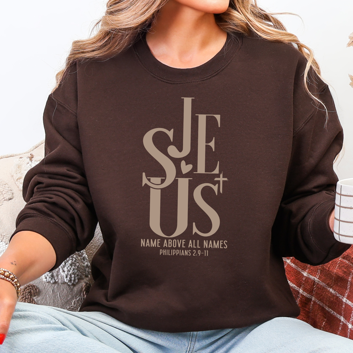 Wholesale Jesus Name Above Graphic Sweatshirt - Dark Chocolate