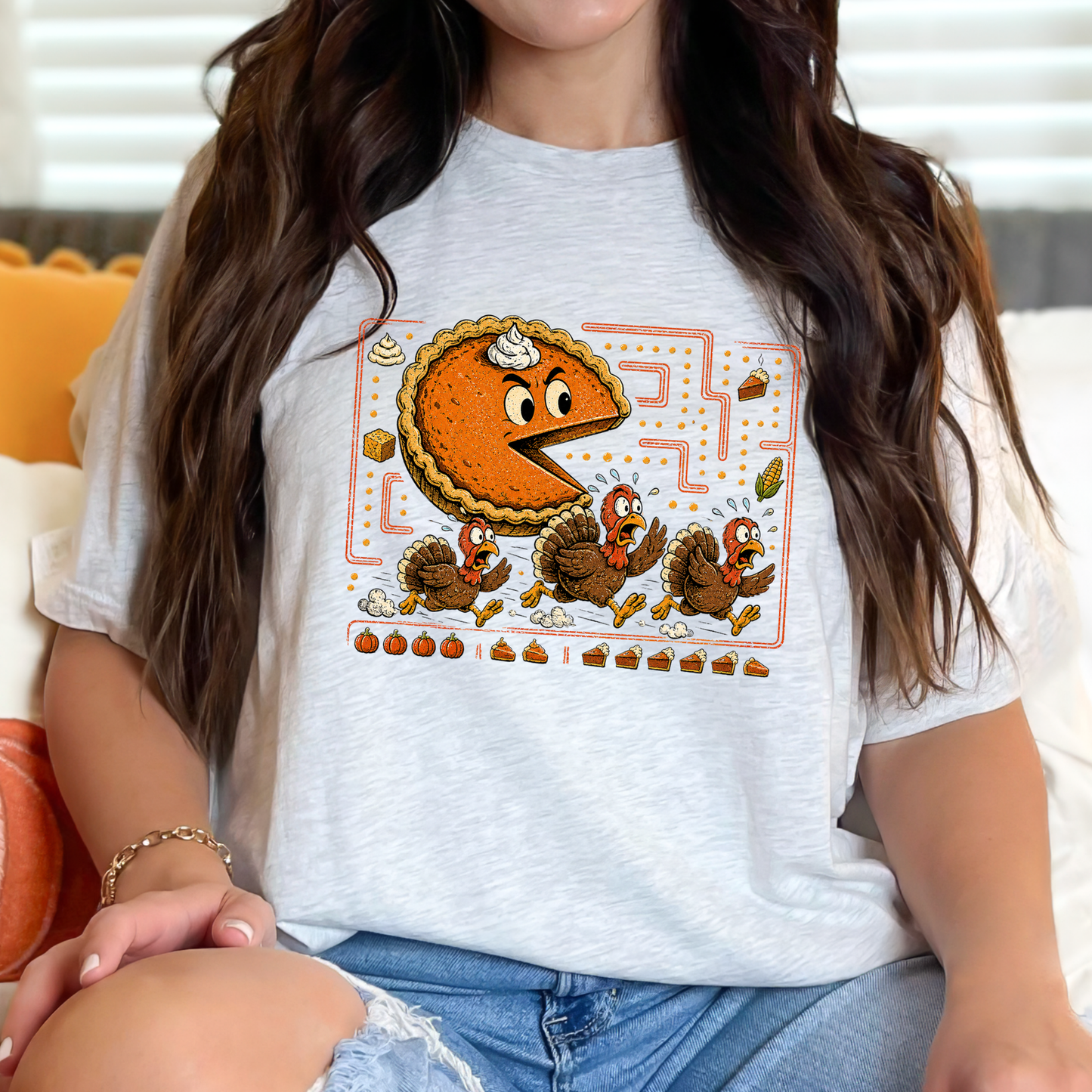 Wholesale Thanksgiving Pie Chasing Turkey Graphic Tee - Ash