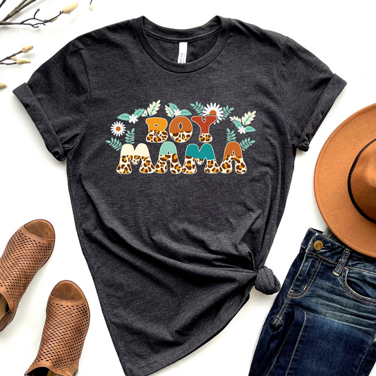Wholesale Leopard Floral Collection Boy Mama Graphic Tee - Heather Charcoal Tee