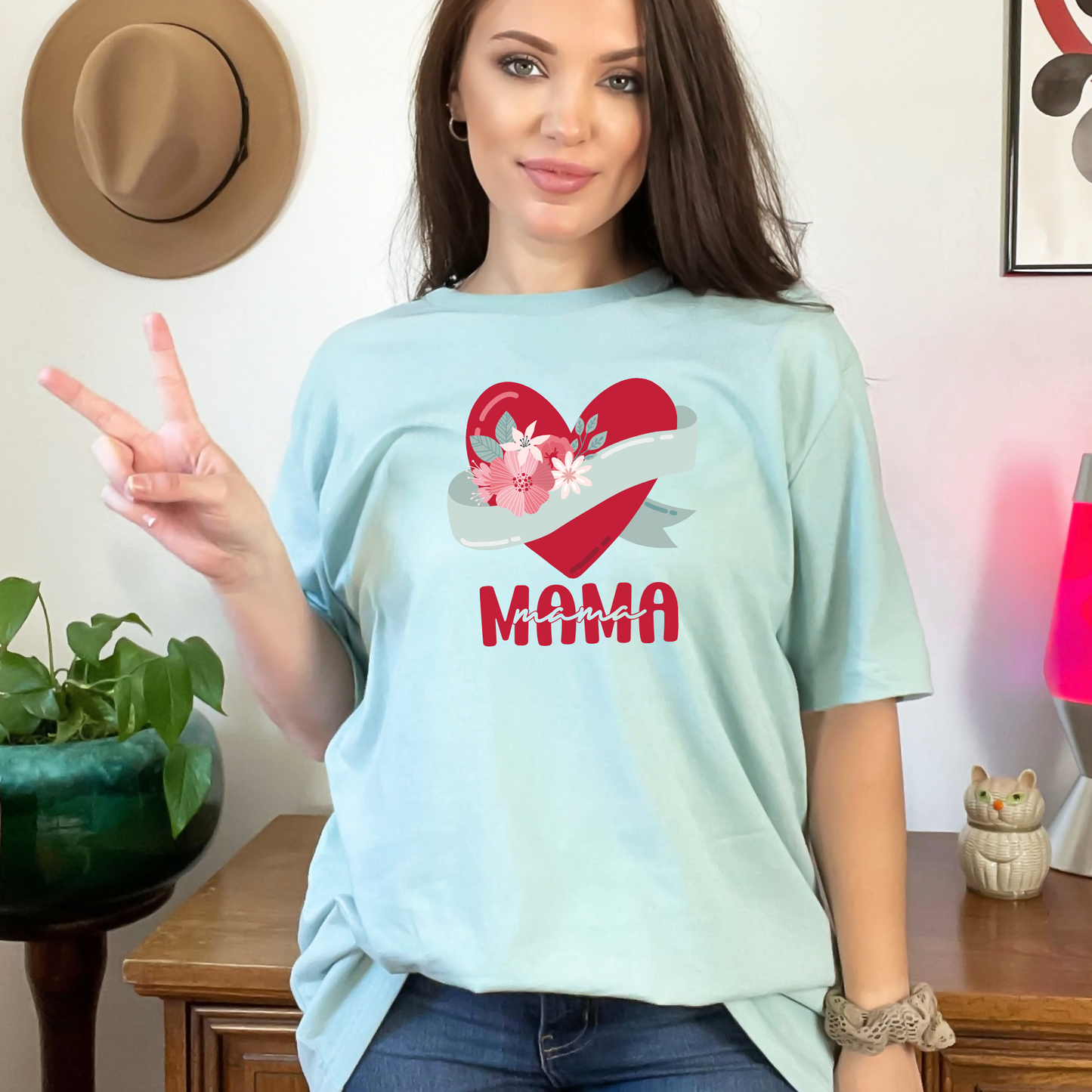 Wholesale Mama Heart Graphic Tee - Dusty Blue Tee
