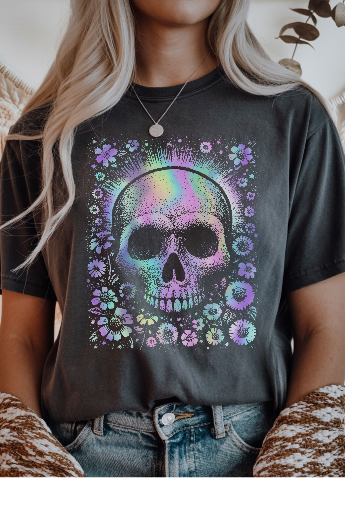 Wholesale Mulberry Nights - Holographic Skulls #11 - Dark Heather Gildan Tee