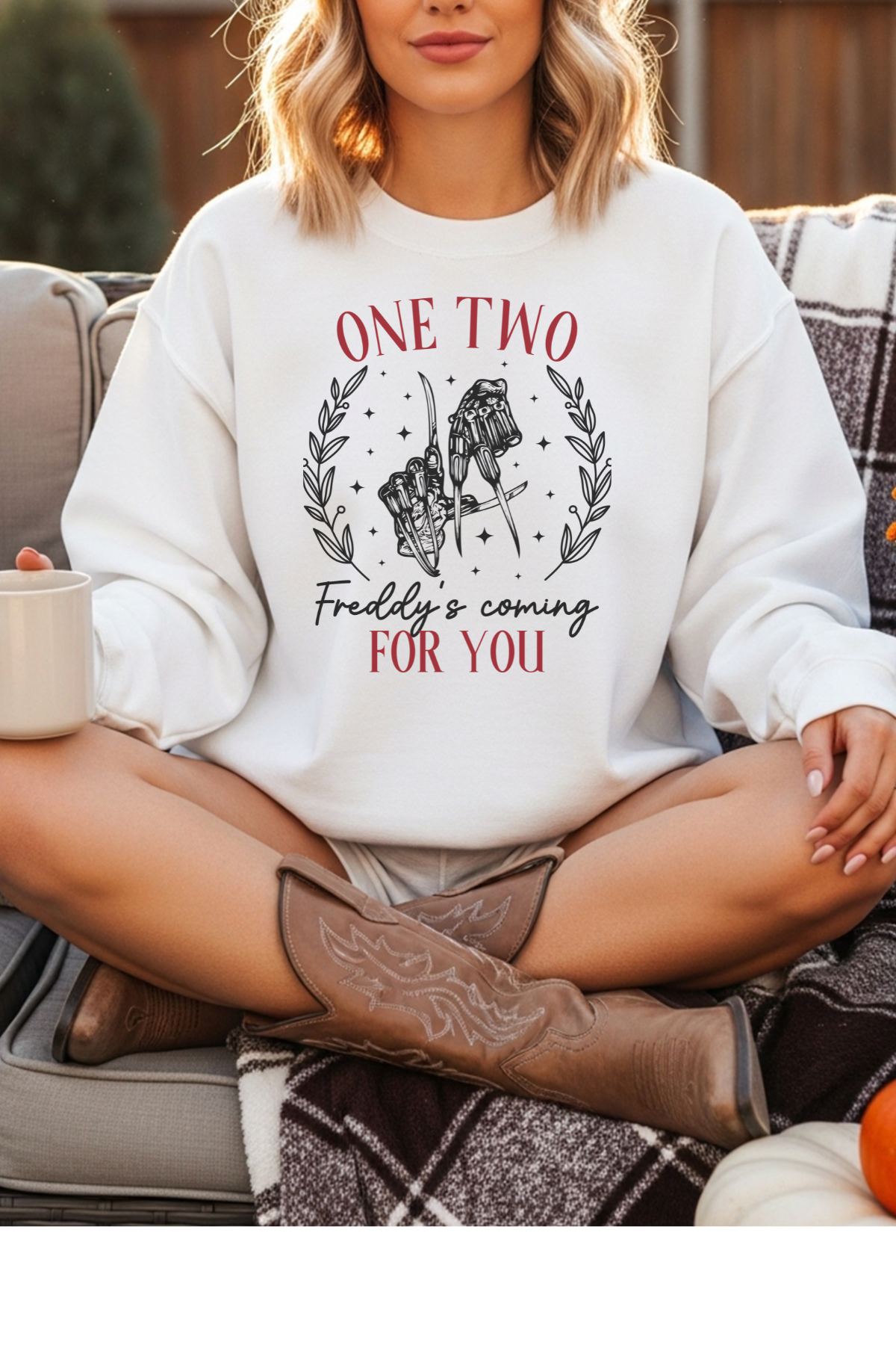 Wholesale Fall Whispers - Freddy's Coming #3 - White Gildan Sweatshirt