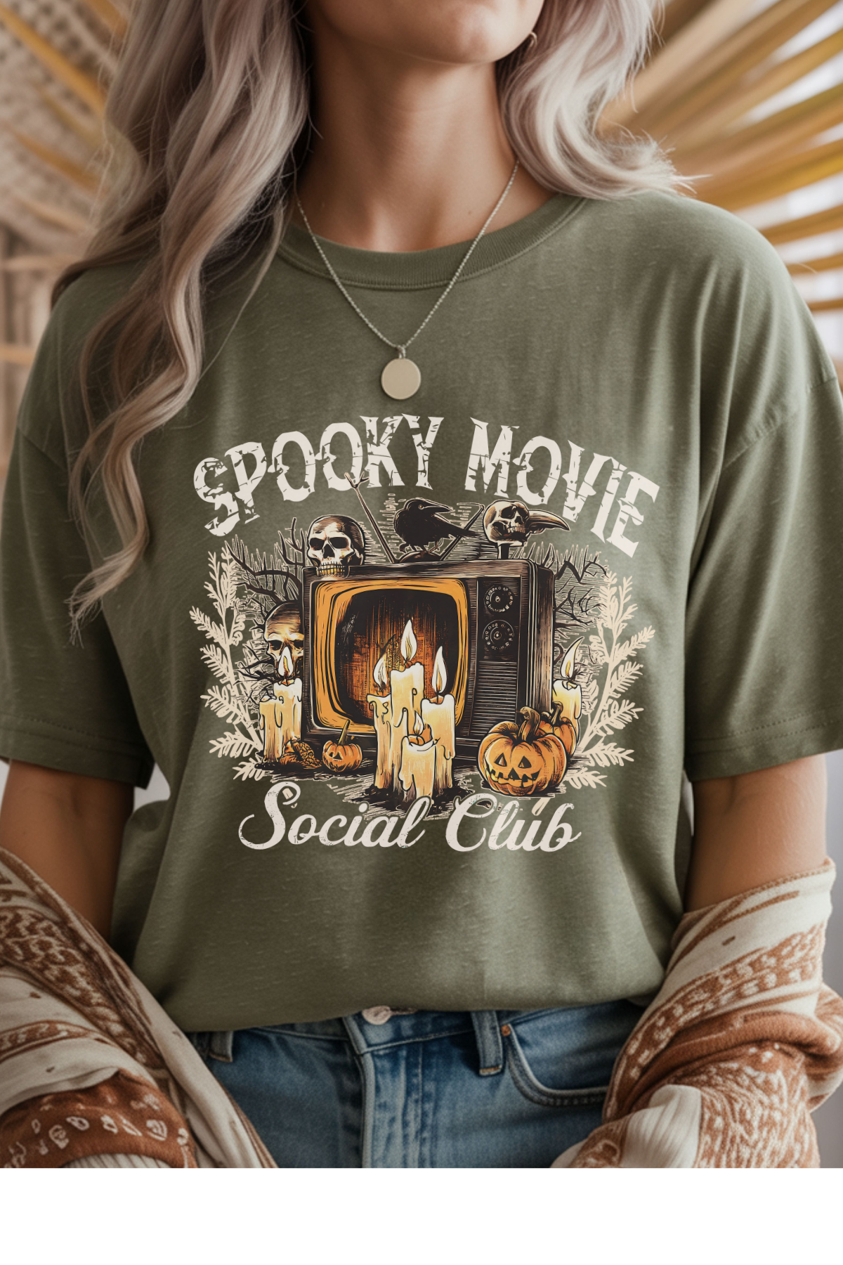 Wholesale Fall Whimsey - Spooky Movie #1 - Heather Military Green Gildan Tee