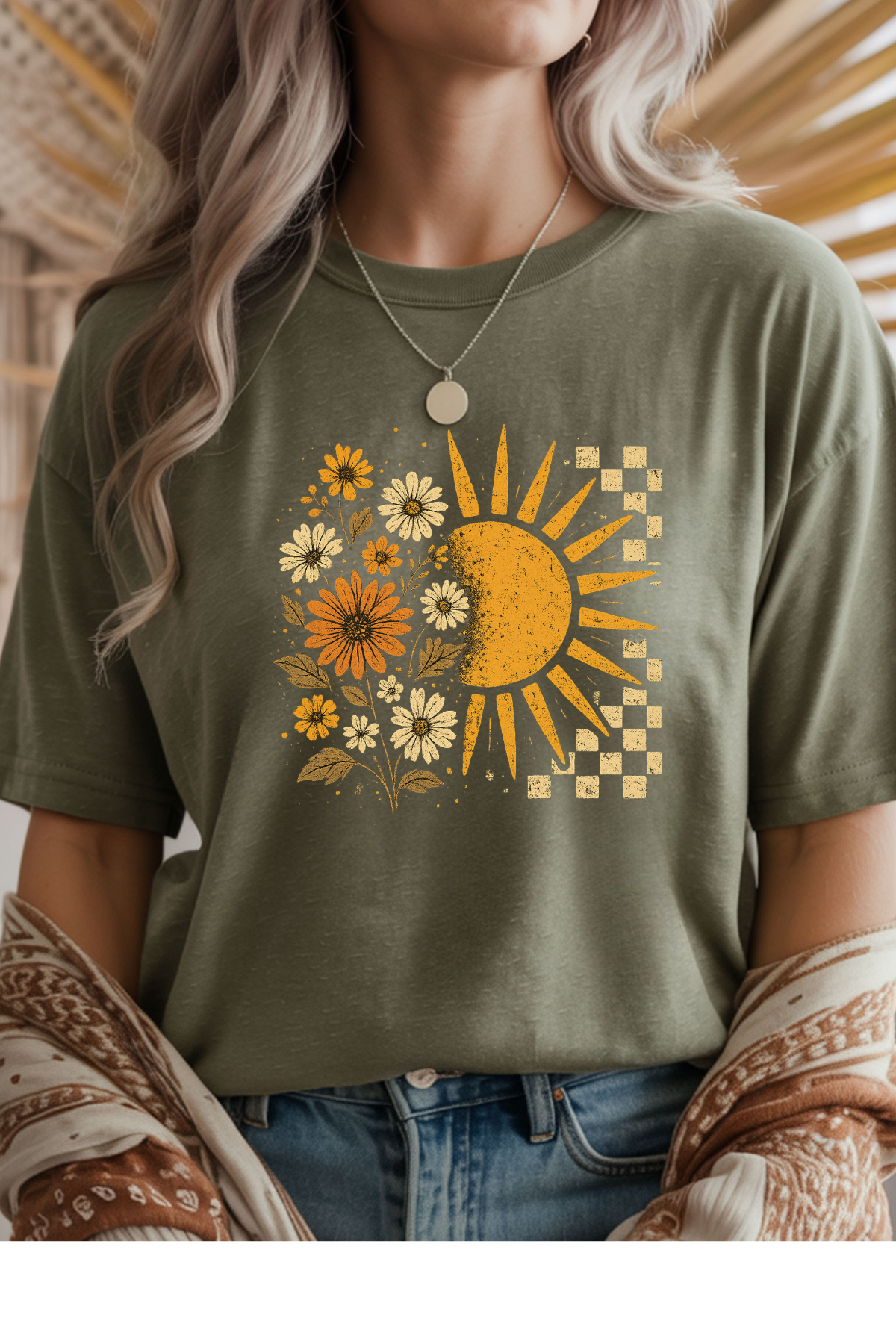 Wholesale Blue Waves - Floral Sun #4 - Heather Military Green Gildan Tee