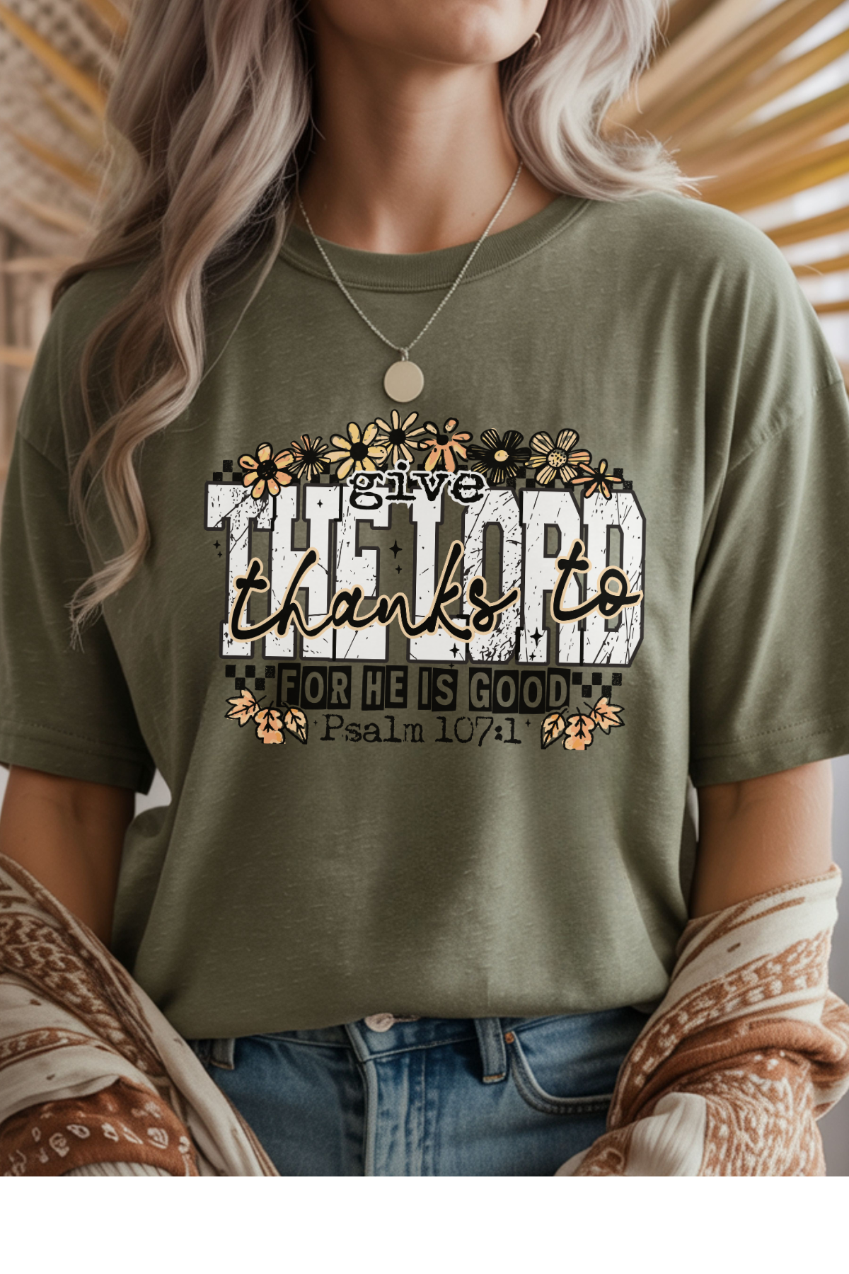 Wholesale Fall Whimsey - Give Thanks #5 - Heather Military Green Gildan Tee