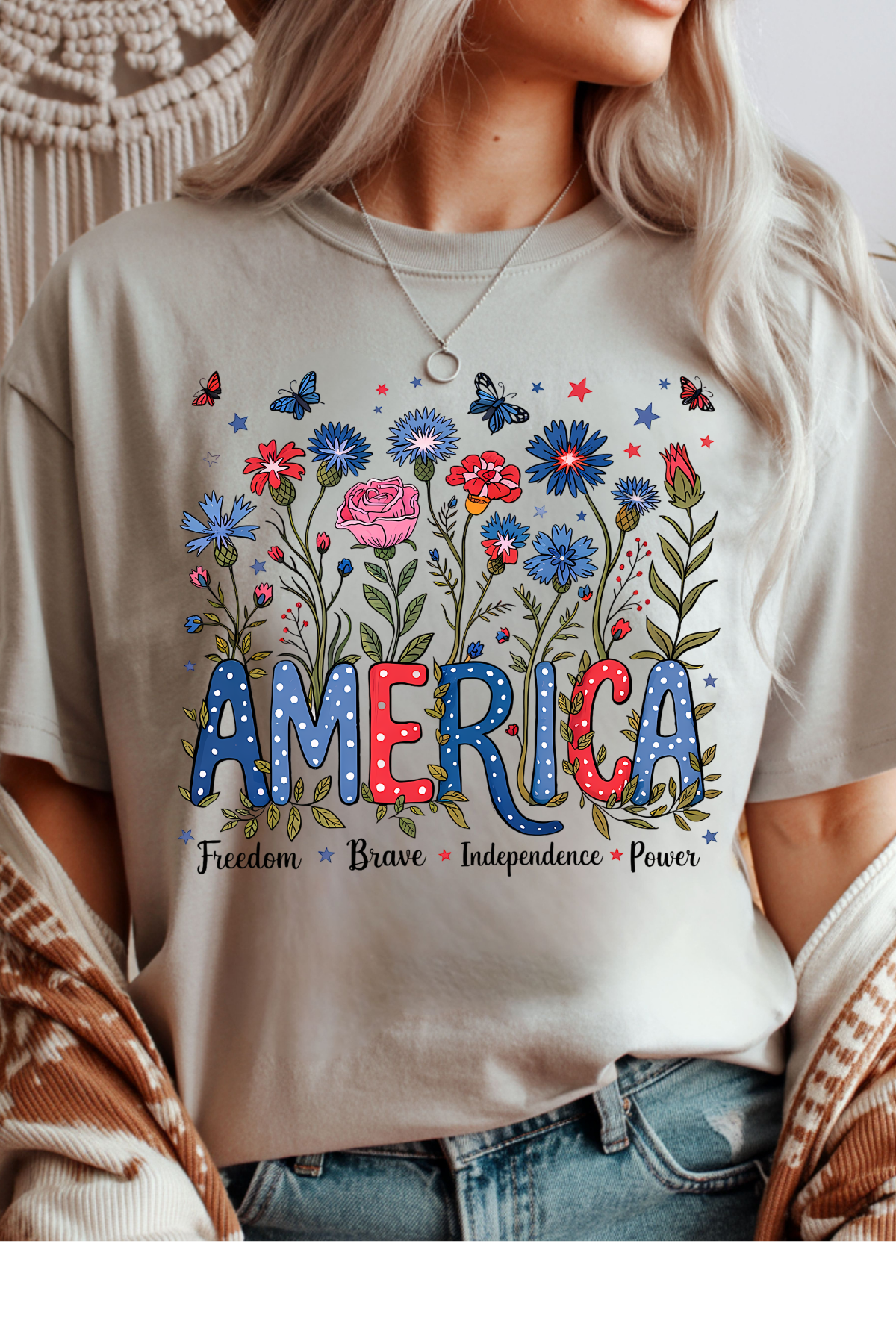 Wholesale Memorial Day - Floral America #5 - Ice Grey Gildan Tee