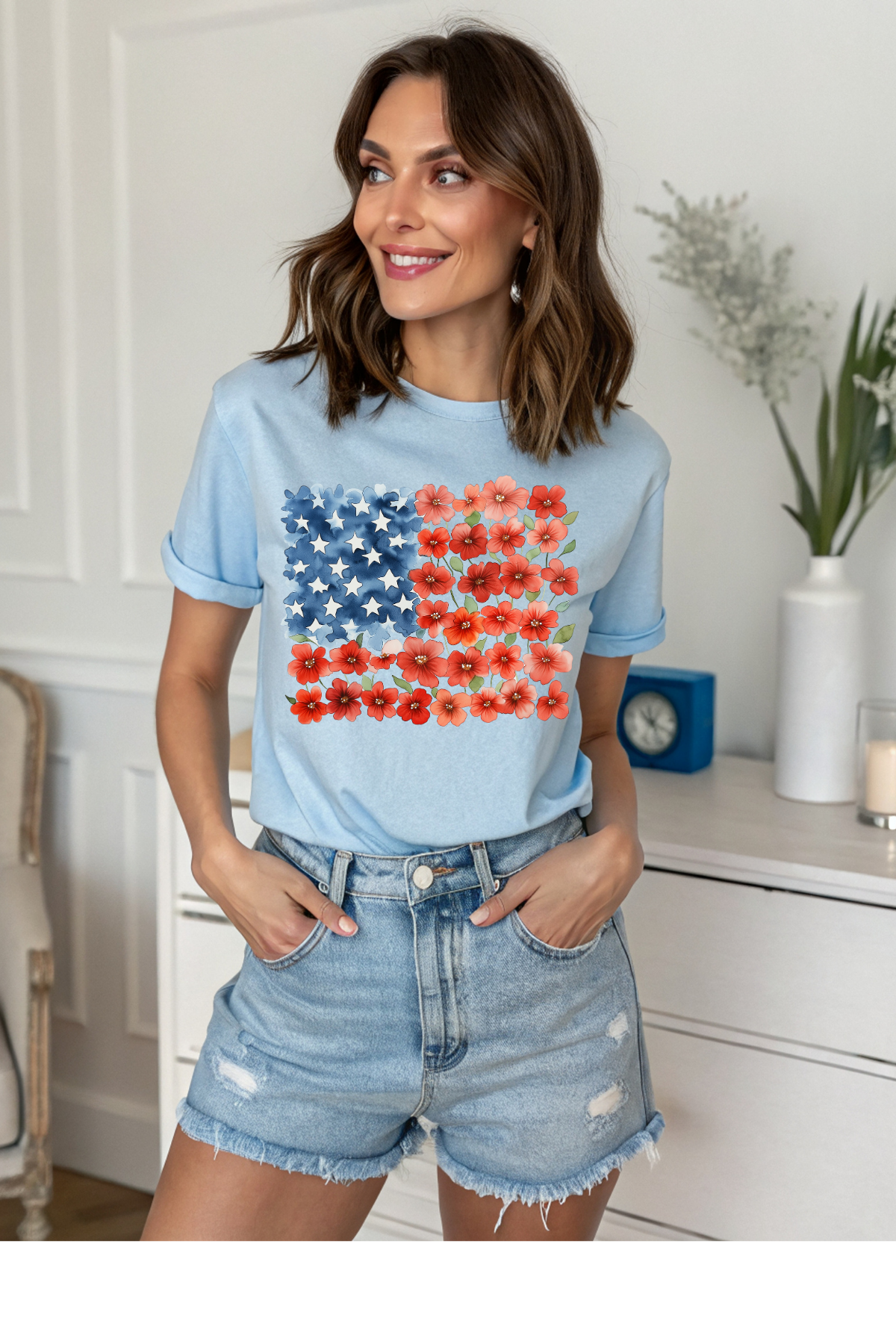 Wholesale 4th of July - Floral Flag #8 - Light Blue Gildan Tee