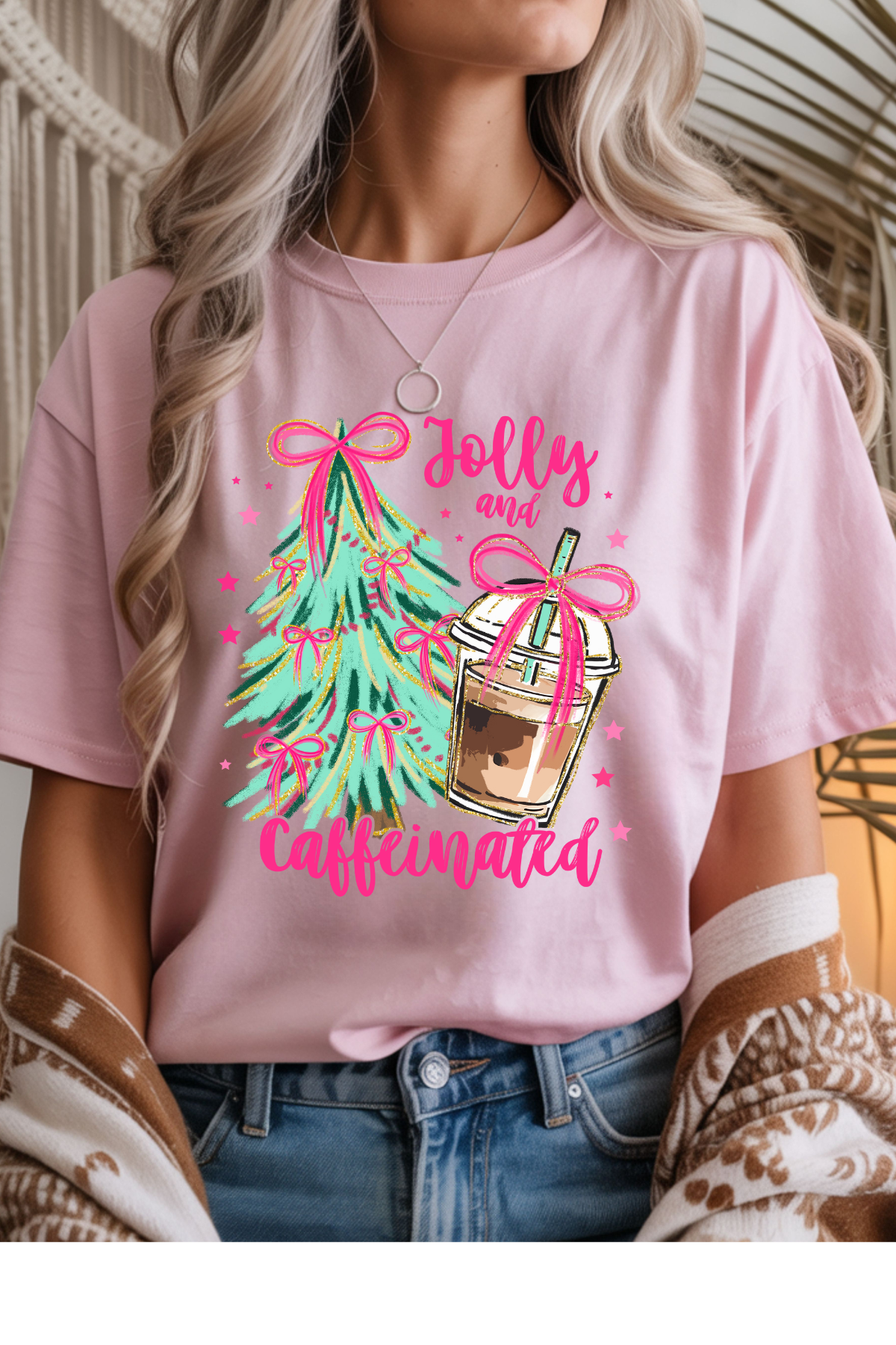 Wholesale Xmas #2 Green - Be Jolly & Caffeinated #6 - Light Pink Gildan Tee