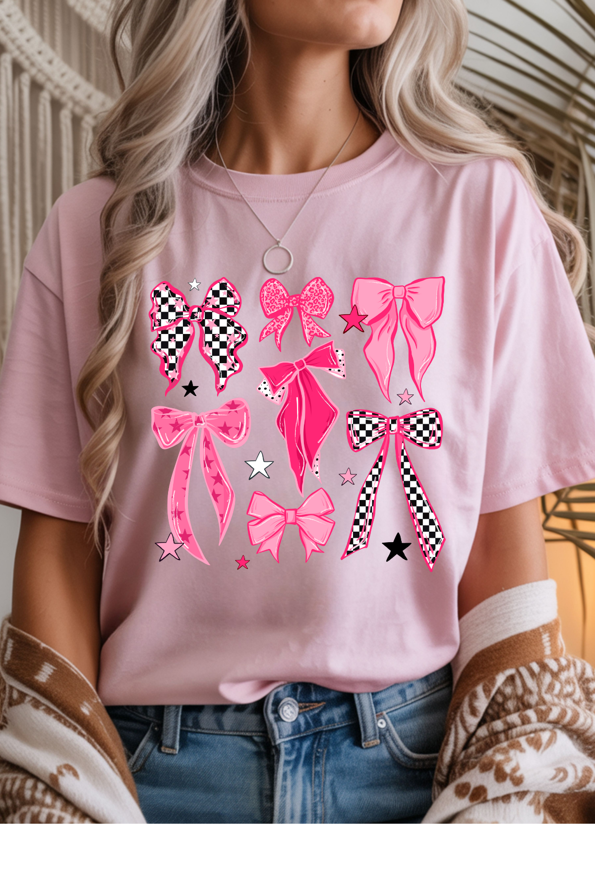 Wholesale Rooted in Spring - Checkered Bows #4 - Light Pink Gildan Tee