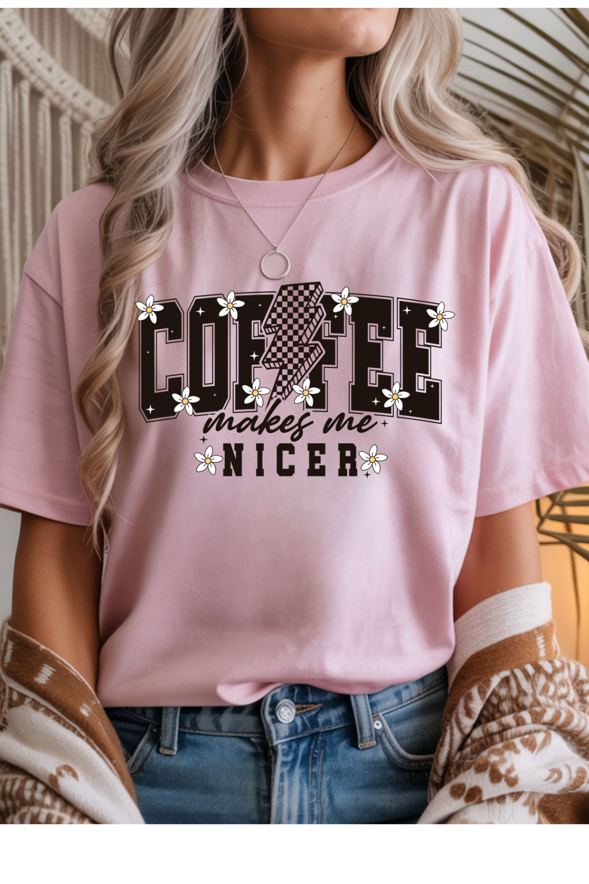 Wholesale Blush Theory - Coffee Makes Me Nicer #10 - Light Pink Gildan Tee
