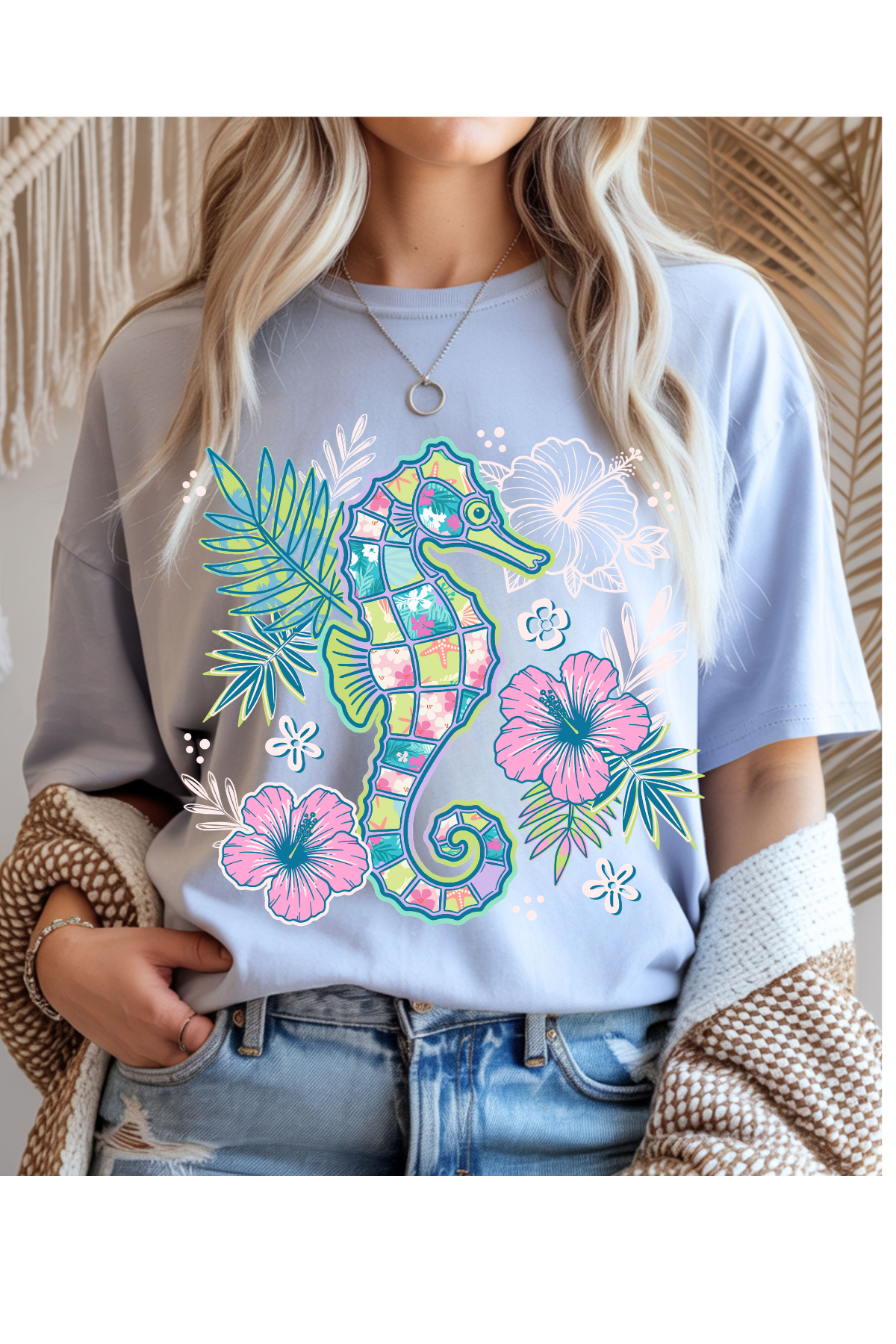 Wholesale Sunsational - Floral Seahorse #3 - Light Blue Gildan Tee