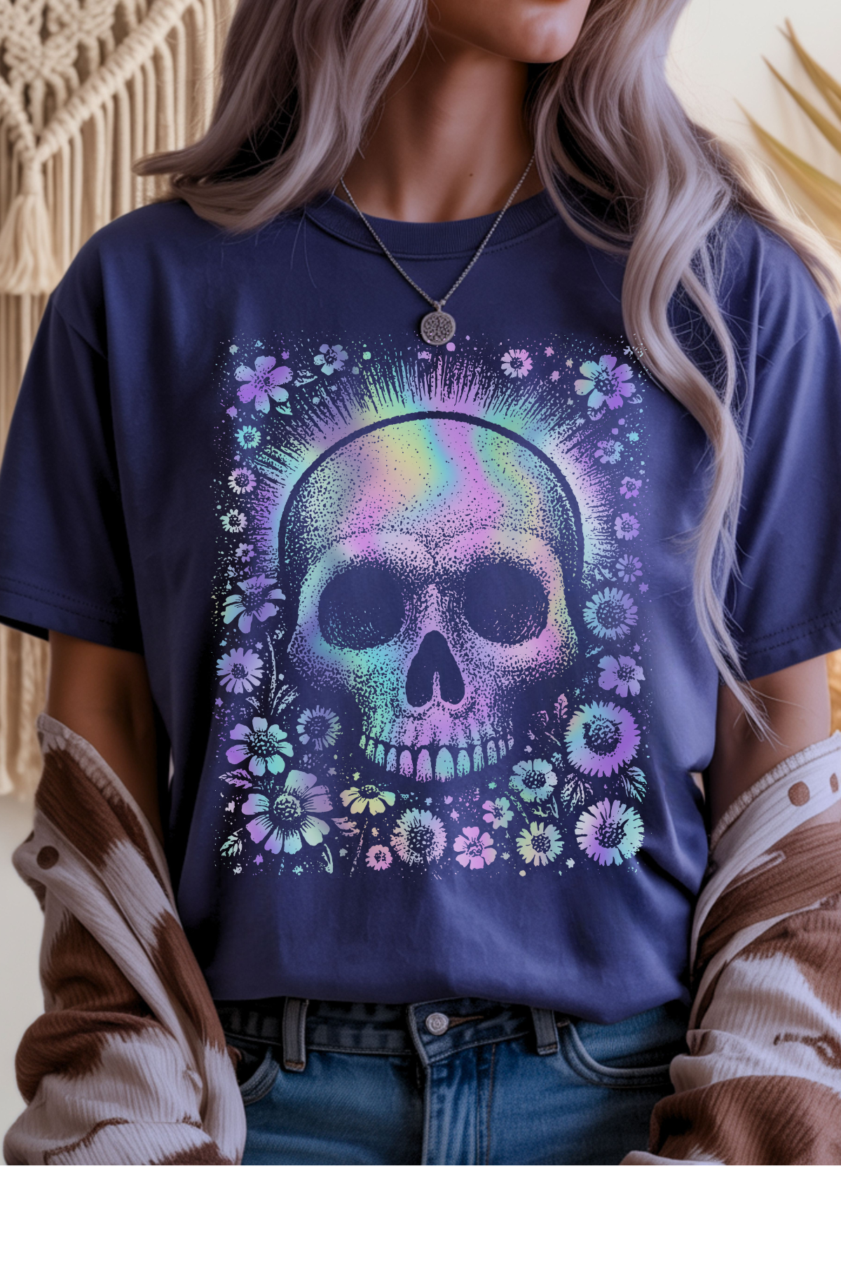 Wholesale Mulberry Nights - Holographic Skulls #11 - Metro Blue Gildan Tee