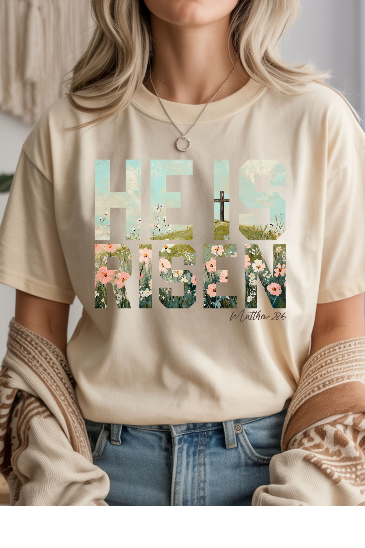 Wholesale Fern & Floral - He Is Risen #4 - Natural Gildan Tee