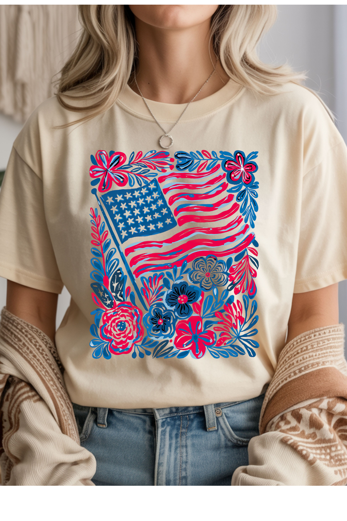 Wholesale Memorial Day - Boho American Flag #4 - Natural Gildan Tee
