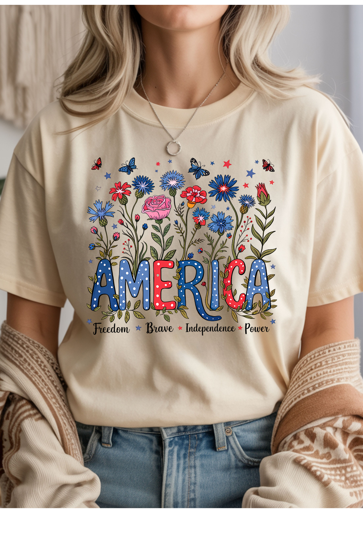 Wholesale Memorial Day - Floral America #5 - Natural Gildan Tee