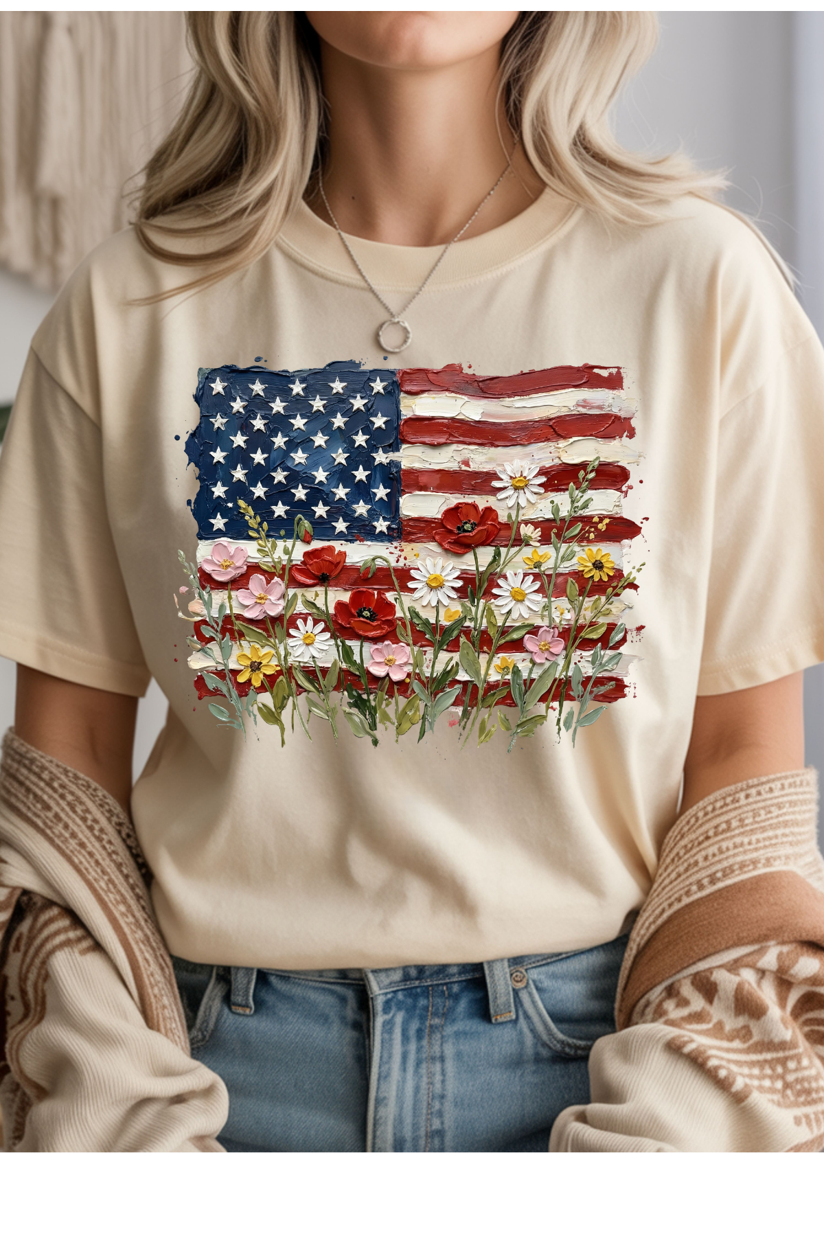 Wholesale Memorial Day - Painted Flag & Florals #8 - Natural Gildan Tee