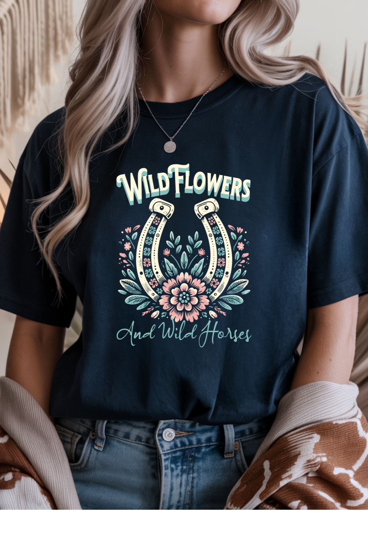 Wholesale Blue Waves - Wild Horses & Flowers #1 - Navy Gildan Tee