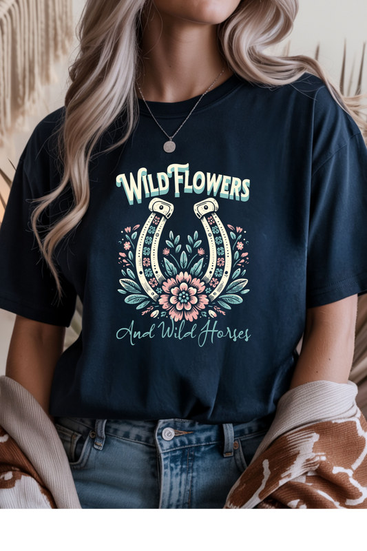Wholesale Blue Waves - Wild Horses & Flowers #1 - Navy Gildan Tee
