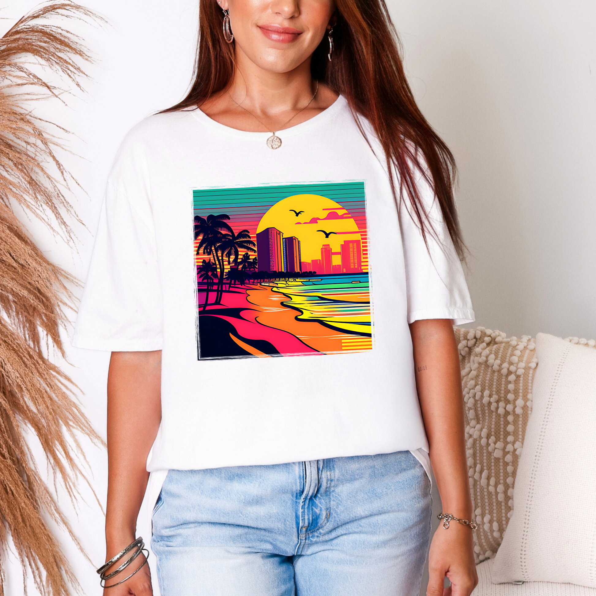 Wholesale Neon Summer Nights 7 Graphic Tee - White Tee