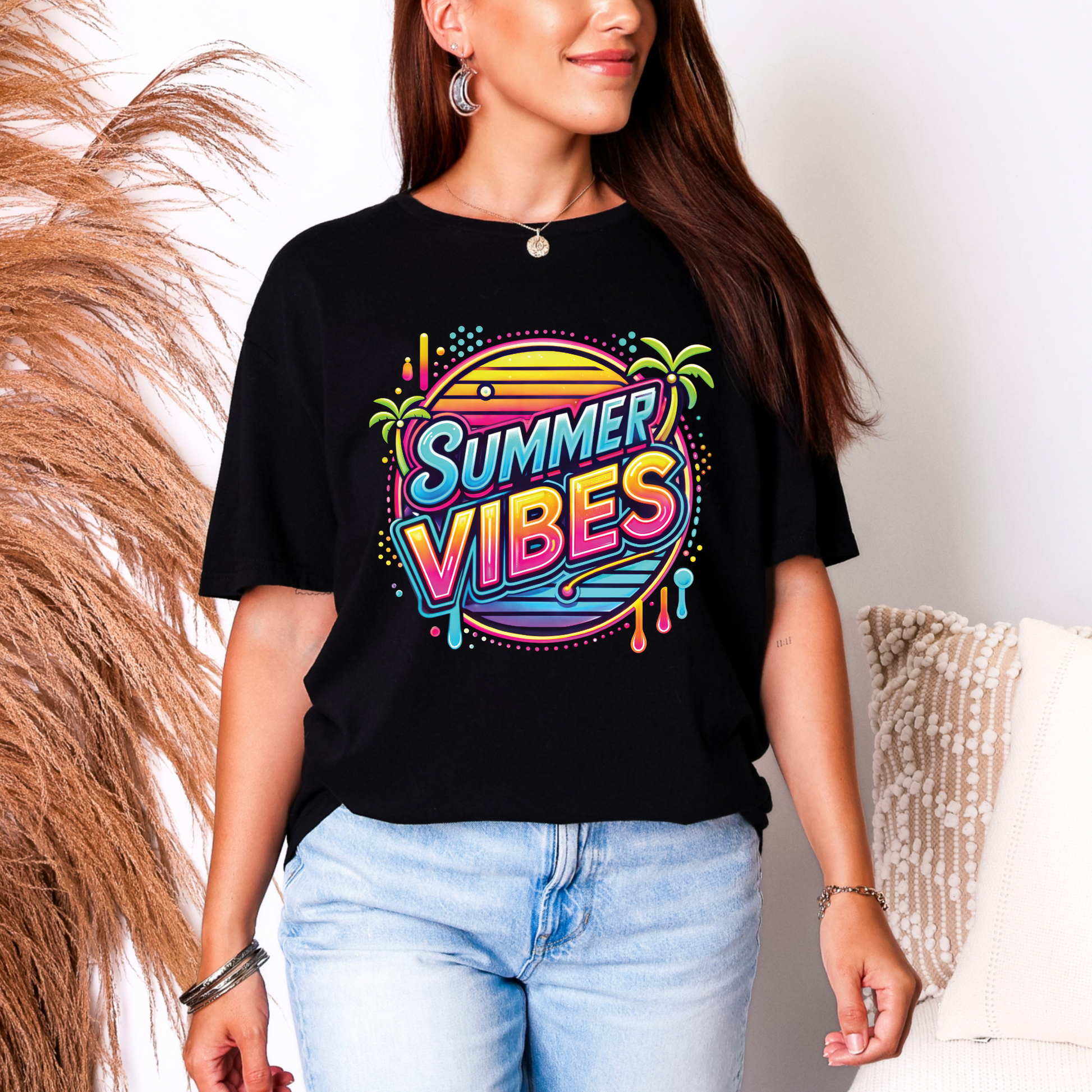 Wholesale Neon Summer Nights 9 Graphic Tee - Black Tee