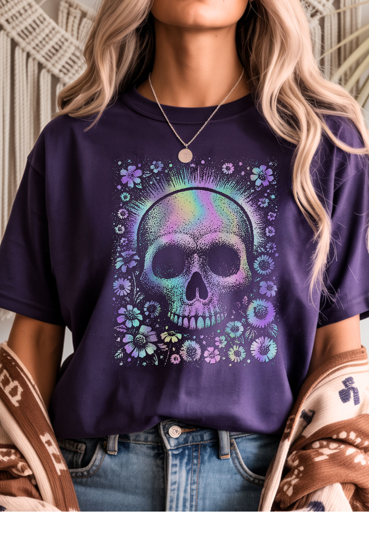 Wholesale Mulberry Nights - Holographic Skulls #11 - Purple Gildan Tee