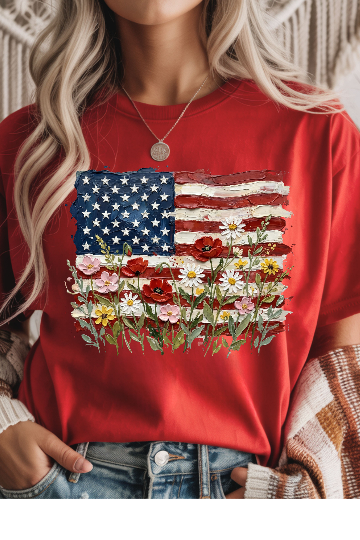 Wholesale Memorial Day - Painted Flag & Florals #8 - Red Gildan Tee