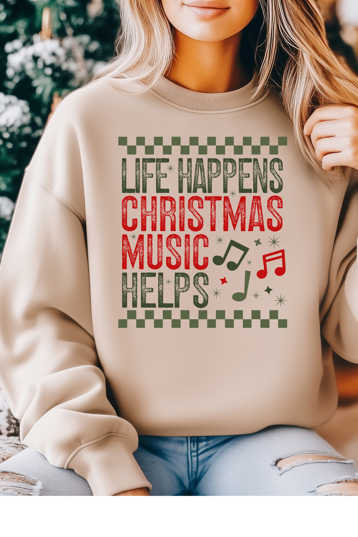 Wholesale Xmas #2 Green - Christmas Music Helps #7 - Sand Gildan Sweatshirt