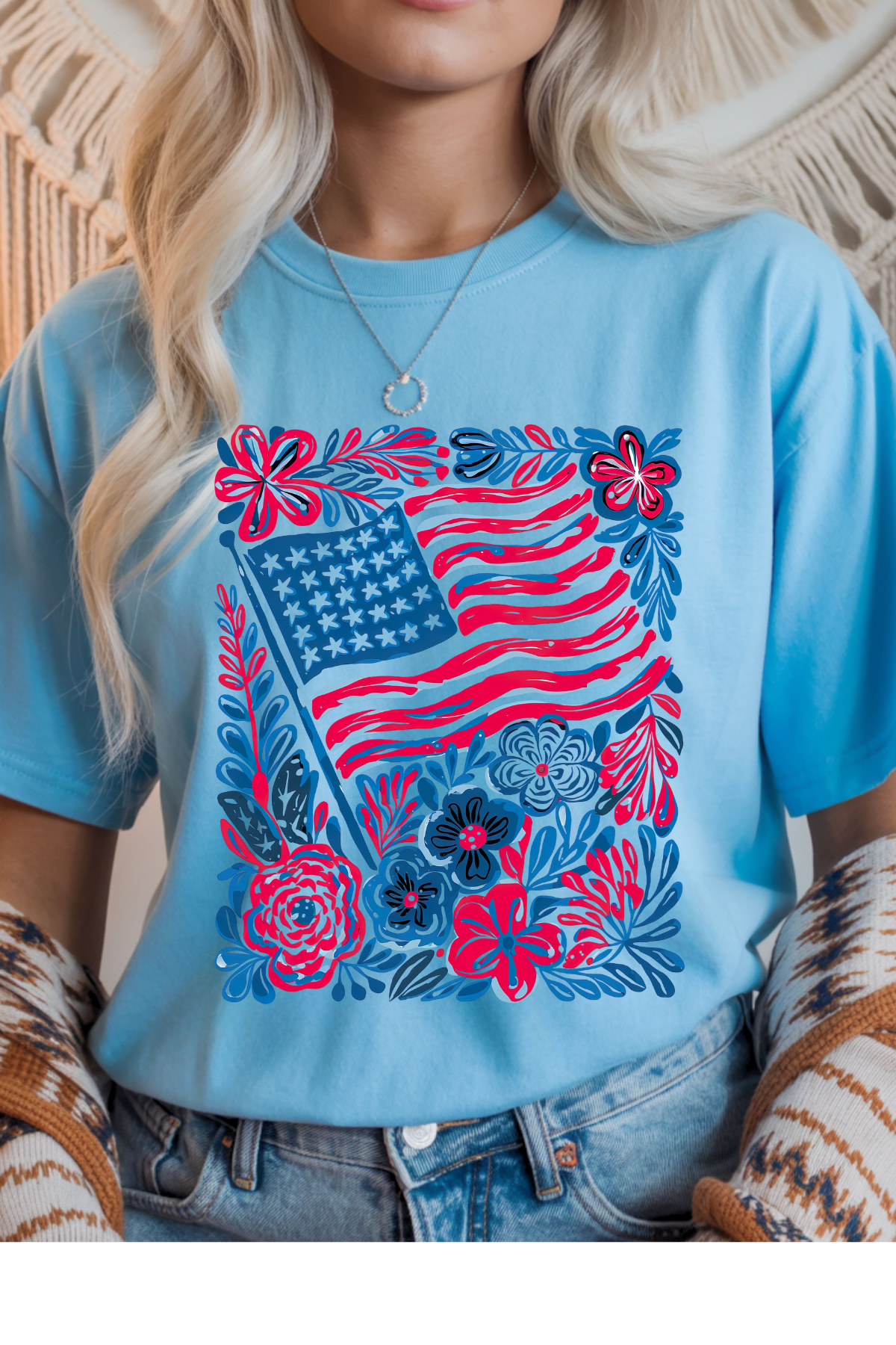 Wholesale Memorial Day - Boho American Flag #4 - Sky Gildan Tee